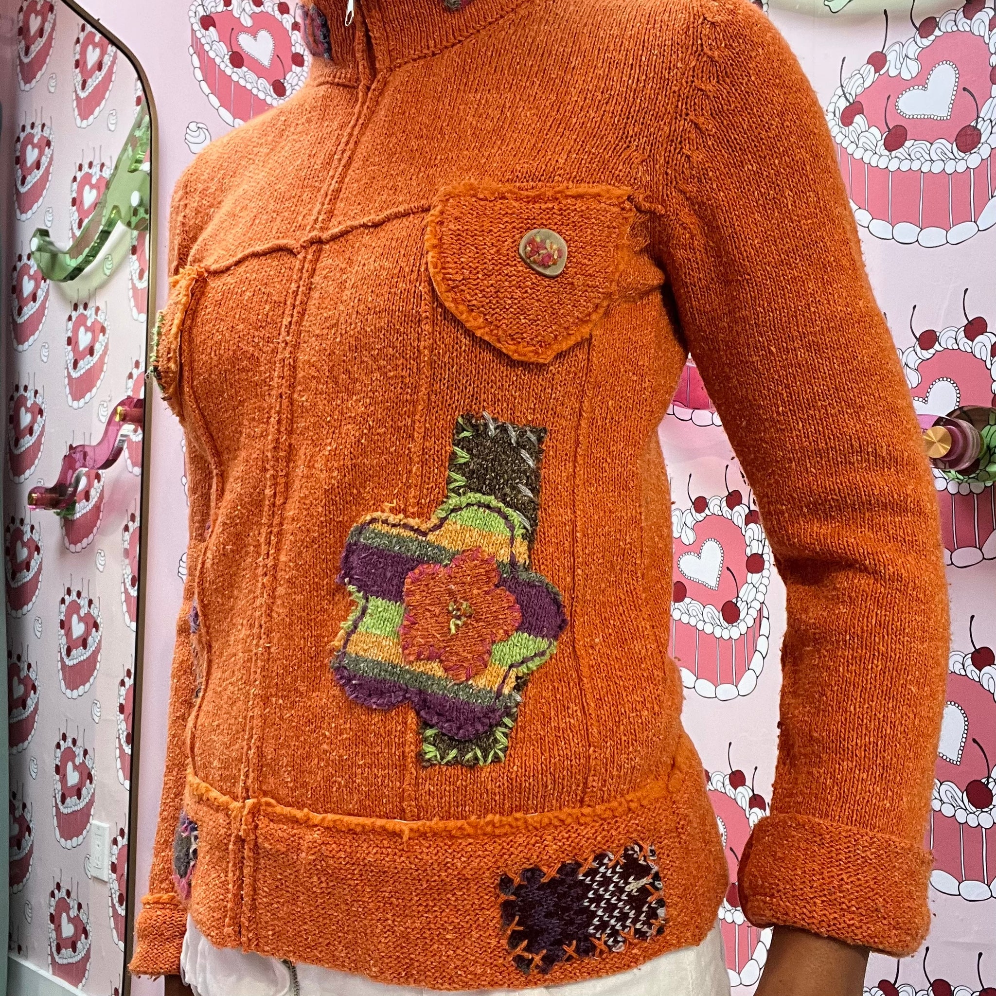 Orange Embroidered Zip Up Cardigan