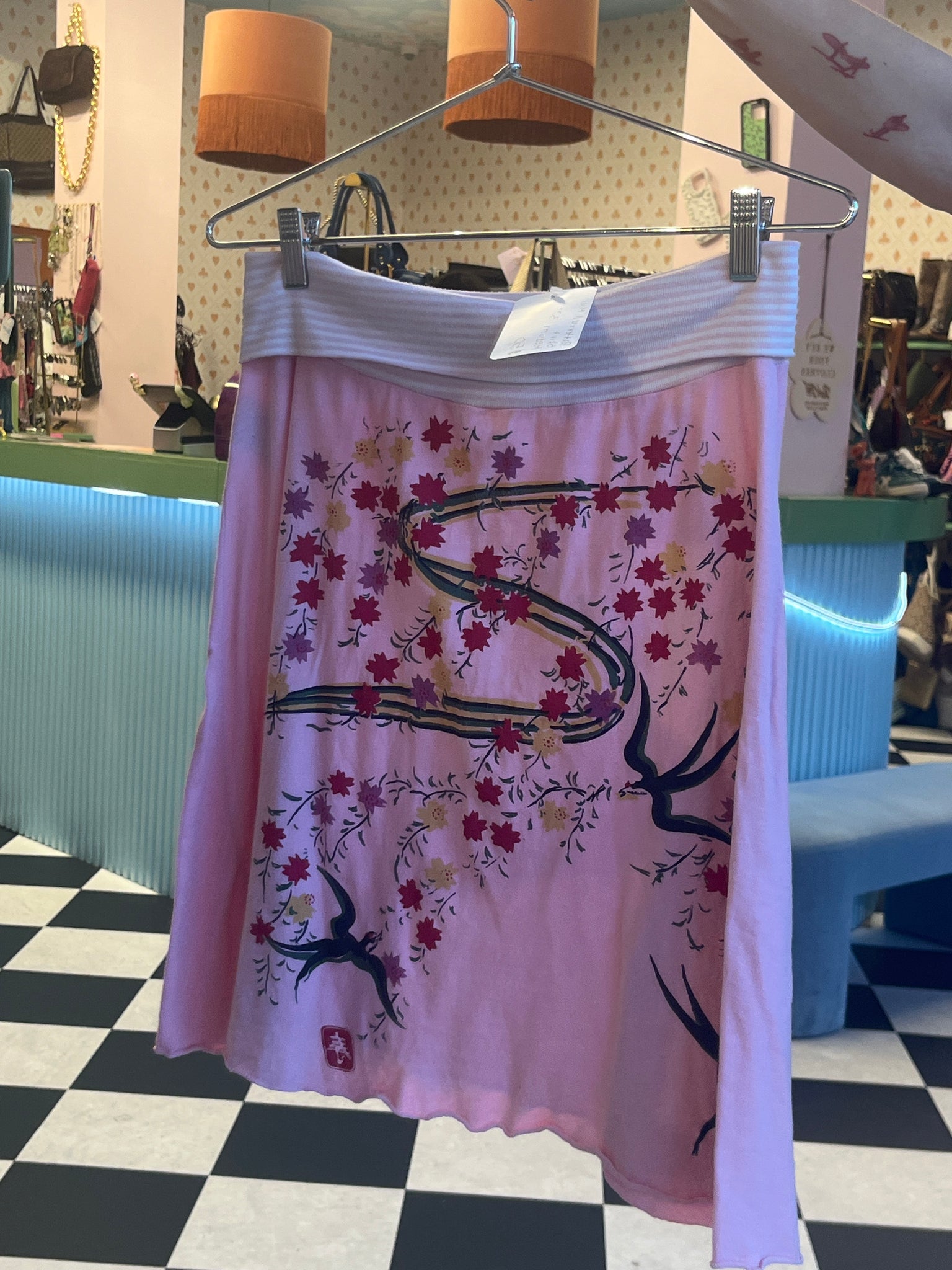 Pink striped tree midi skirt medium