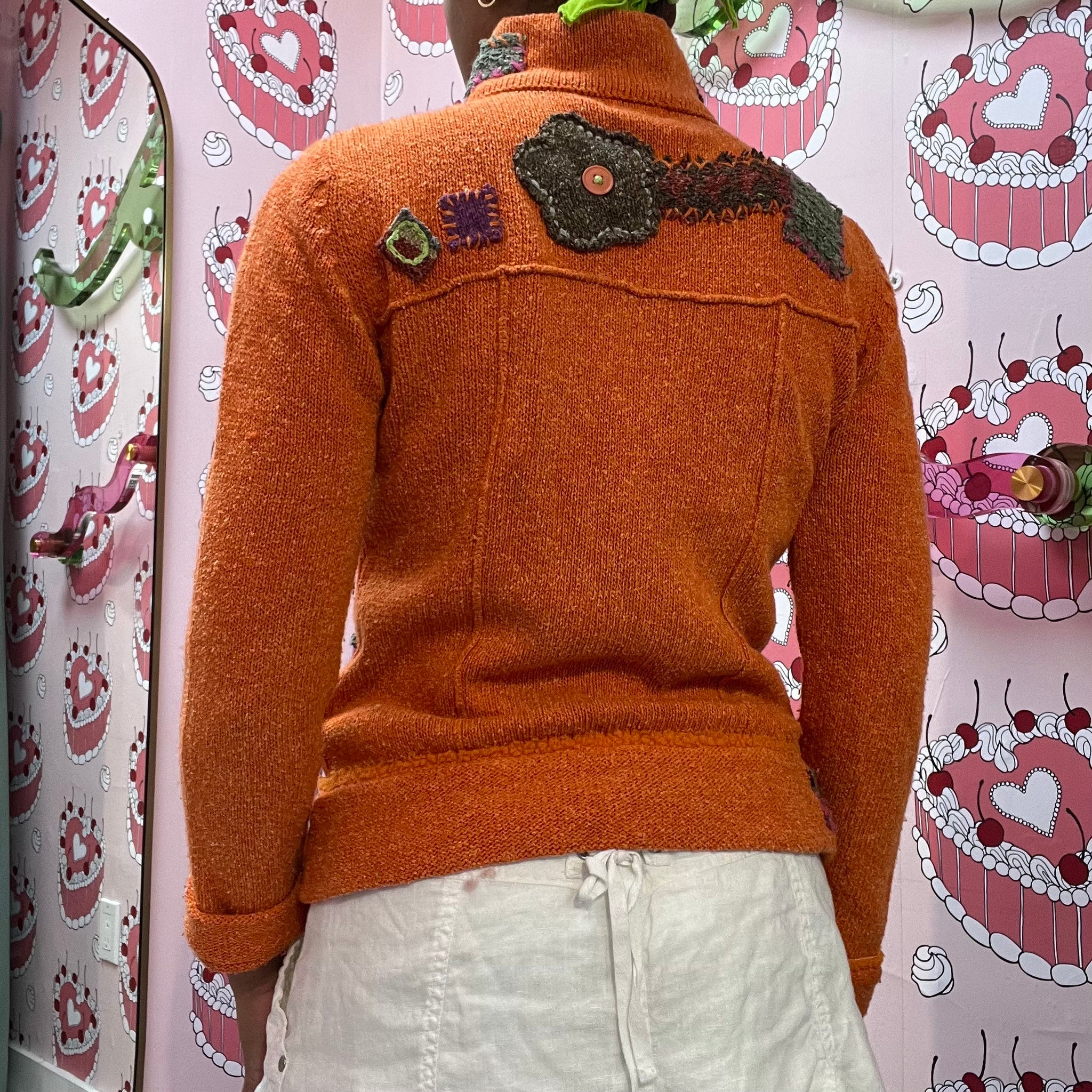 Orange Embroidered Zip Up Cardigan