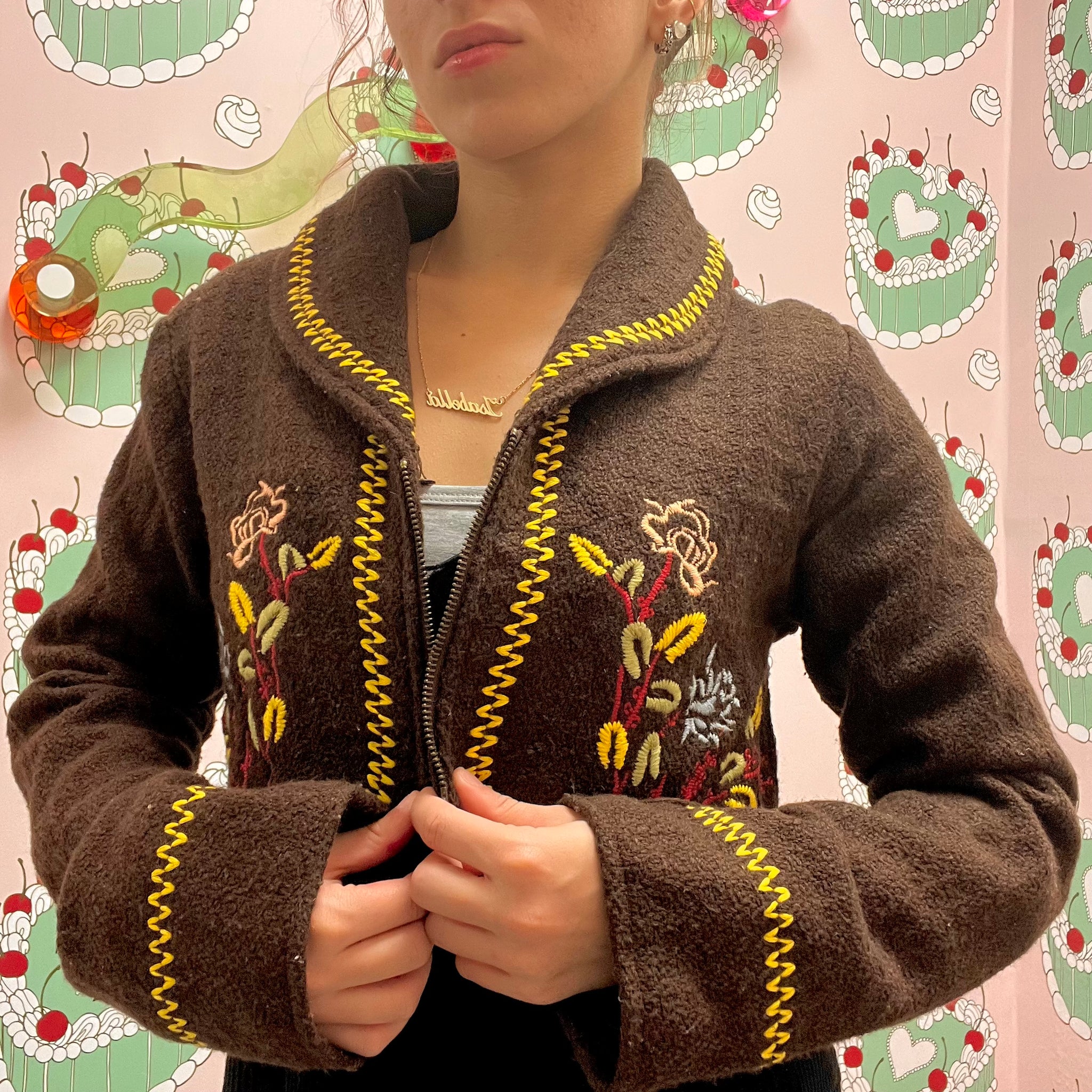 Brown Embroidery Cropped Jacket