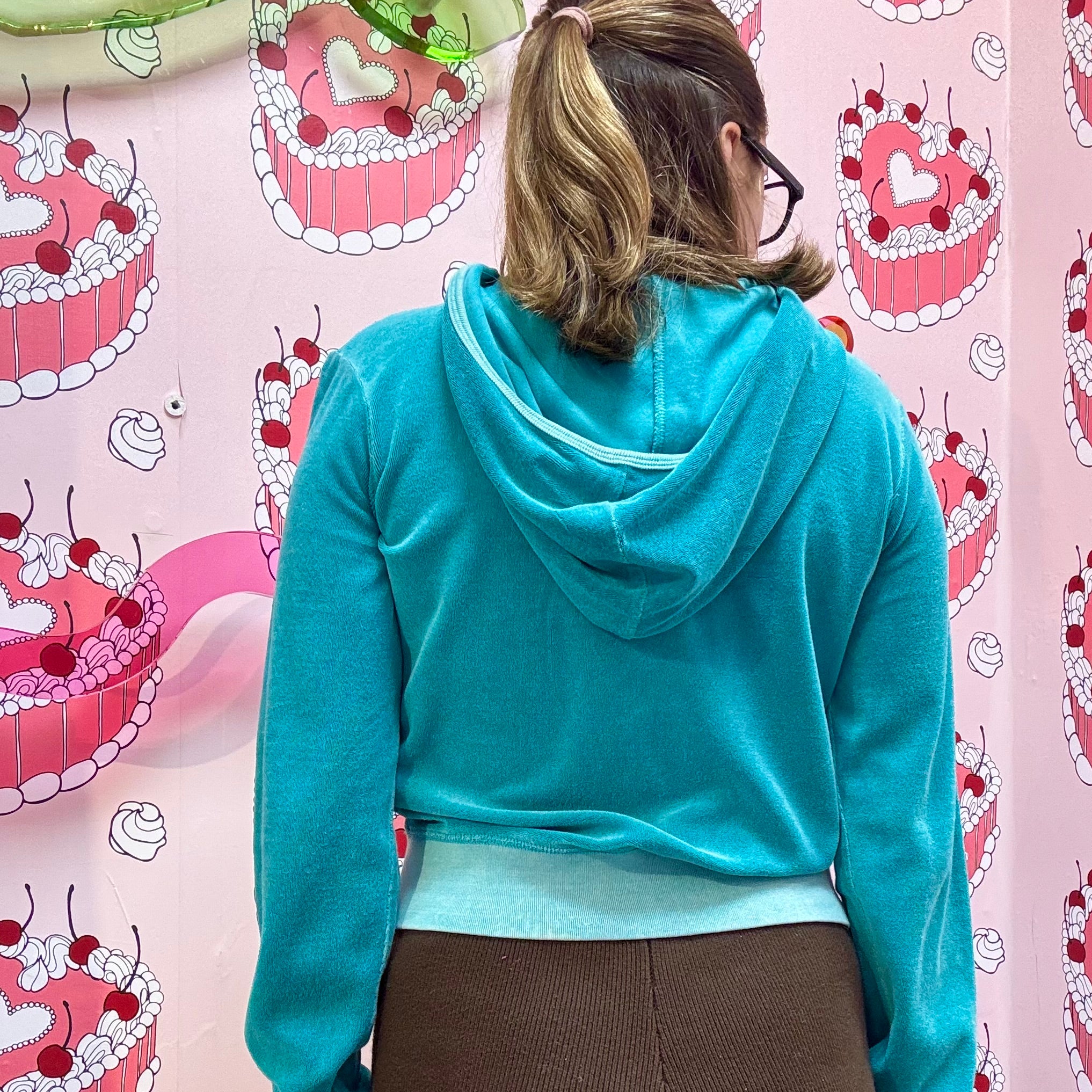 Turquoise Velour Zip Up Hoodie