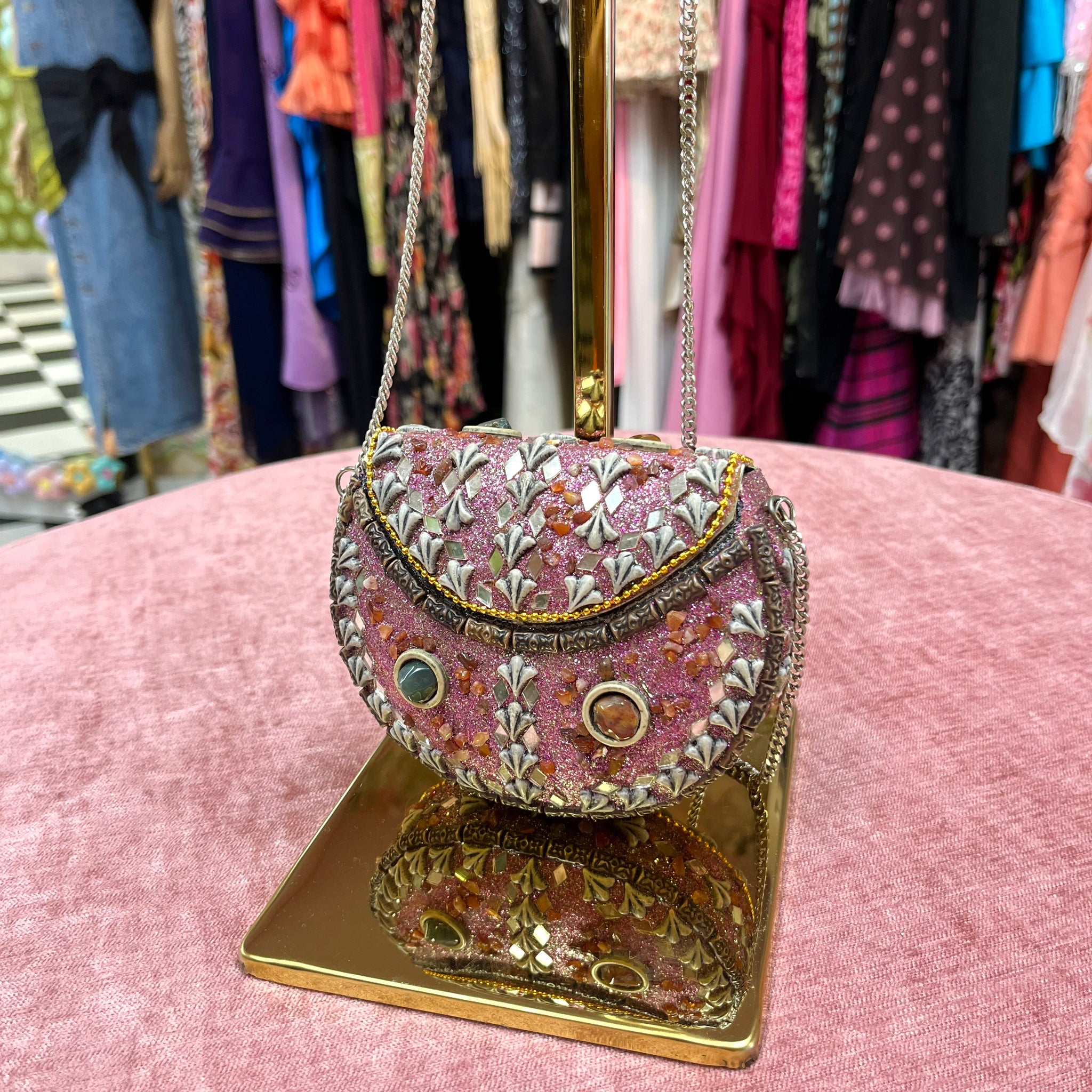 Pink Bejewelled Clutch with Chain