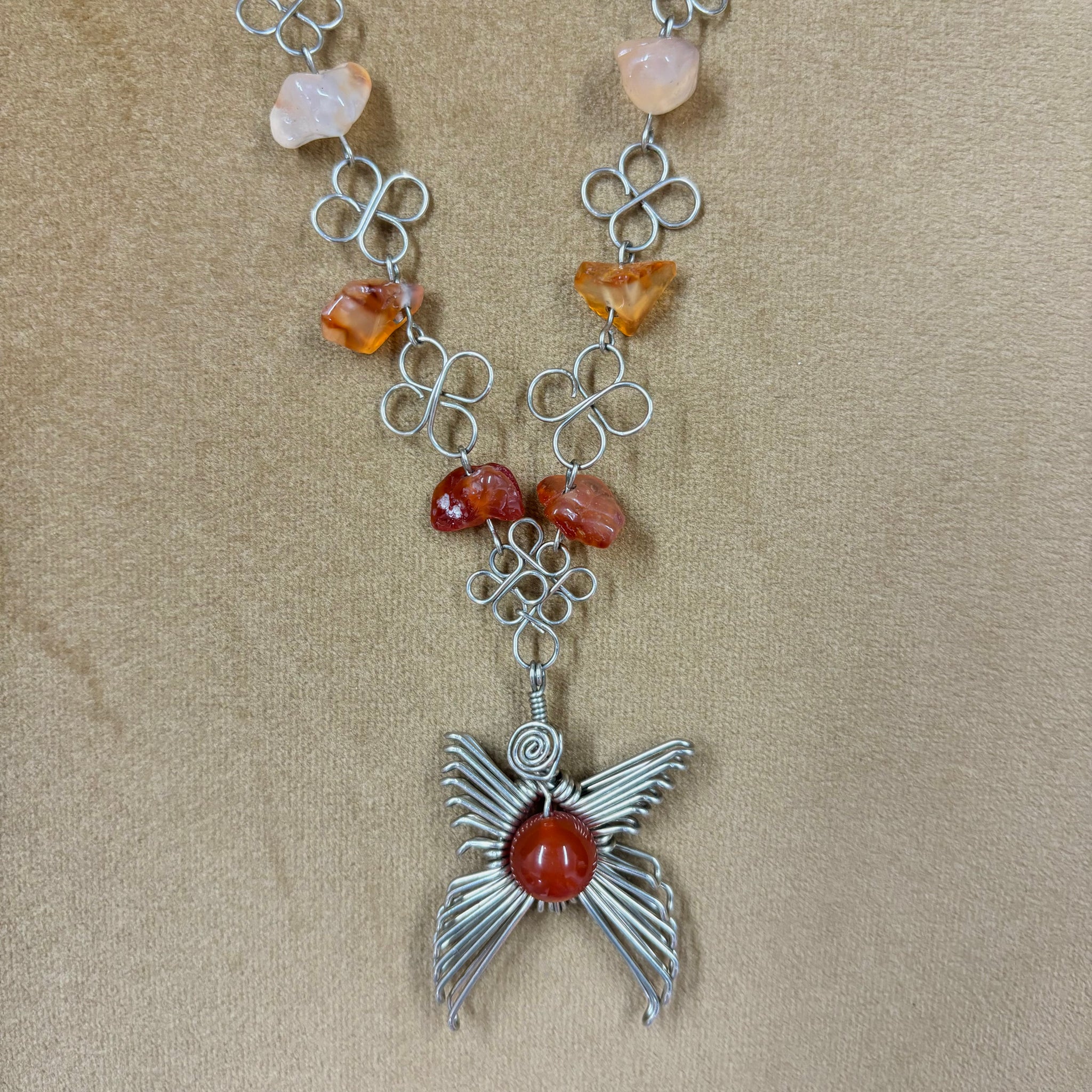 Wired Wing and Orange Bead Necklace