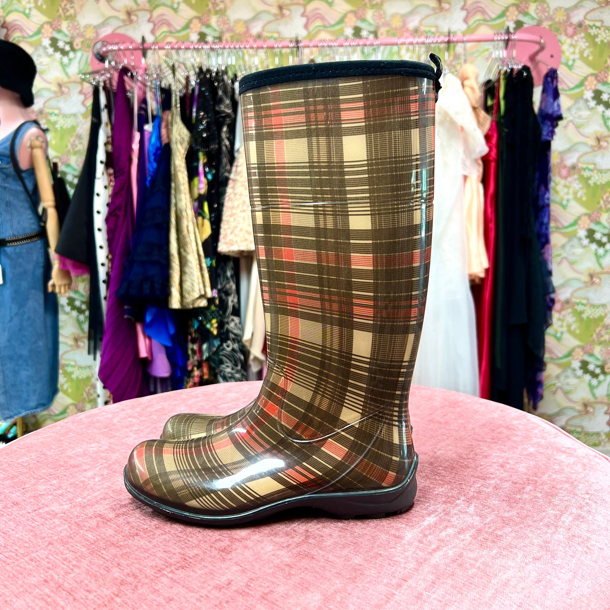 Plaid print rain boots