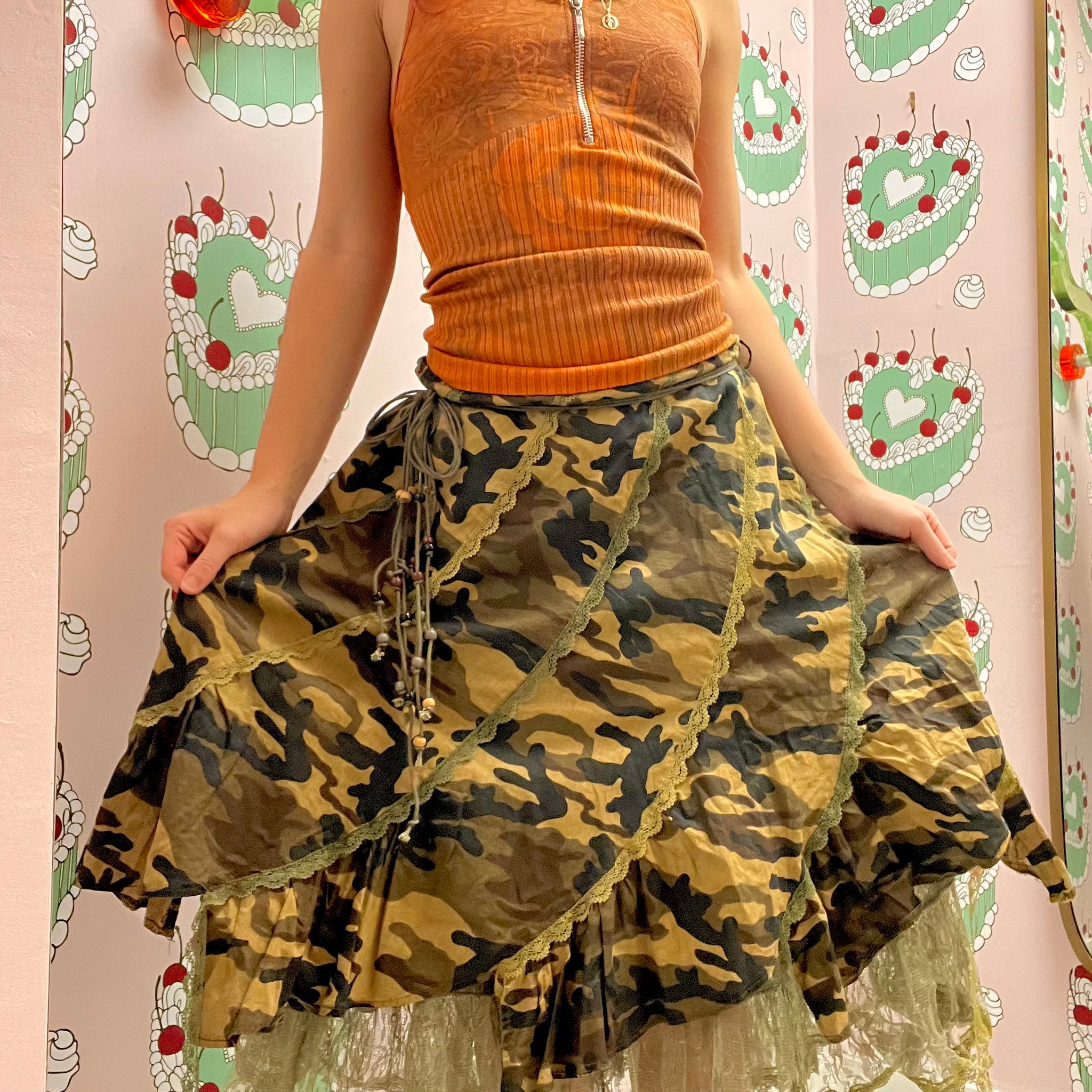 Camo Lace Skirt With Beaded Tie