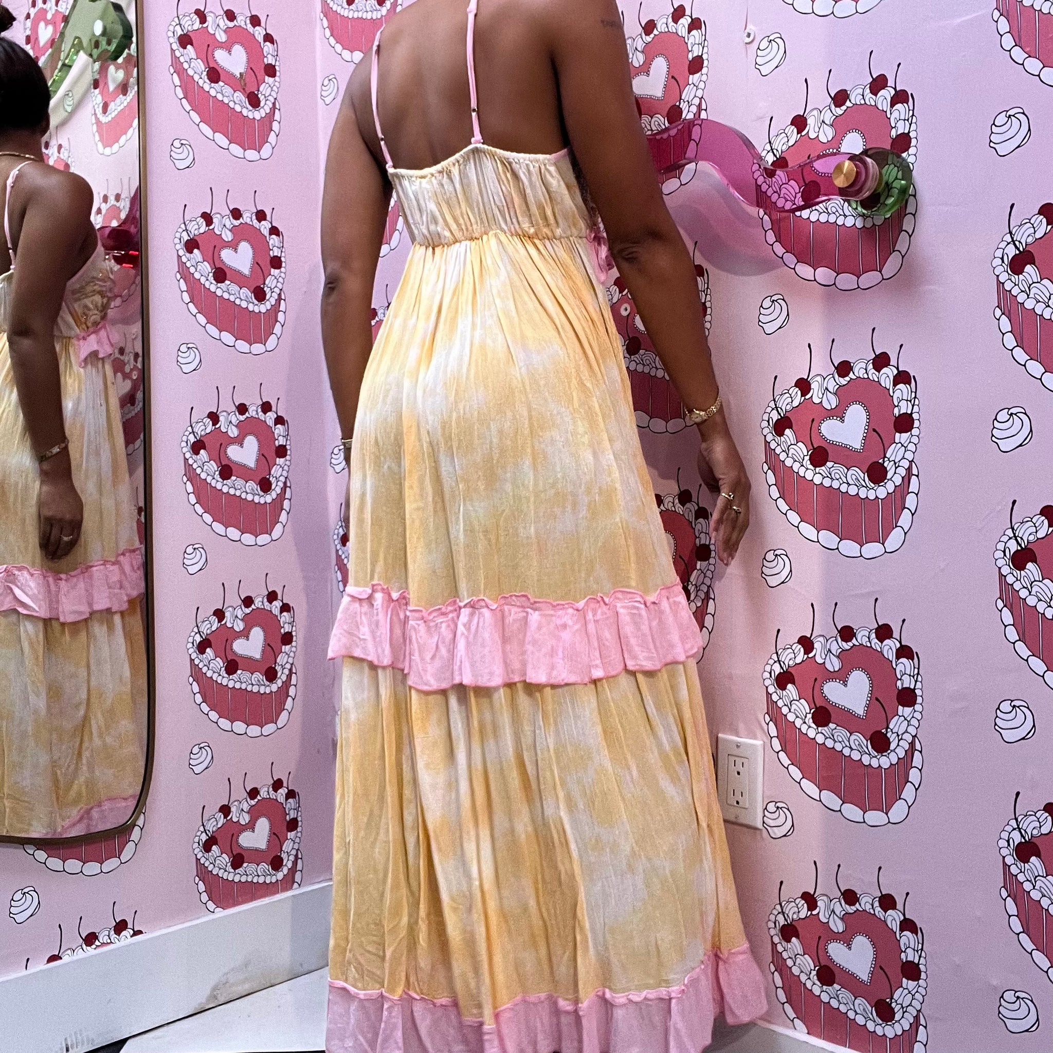 Yellow and Pink Beaded V-Neck Dress