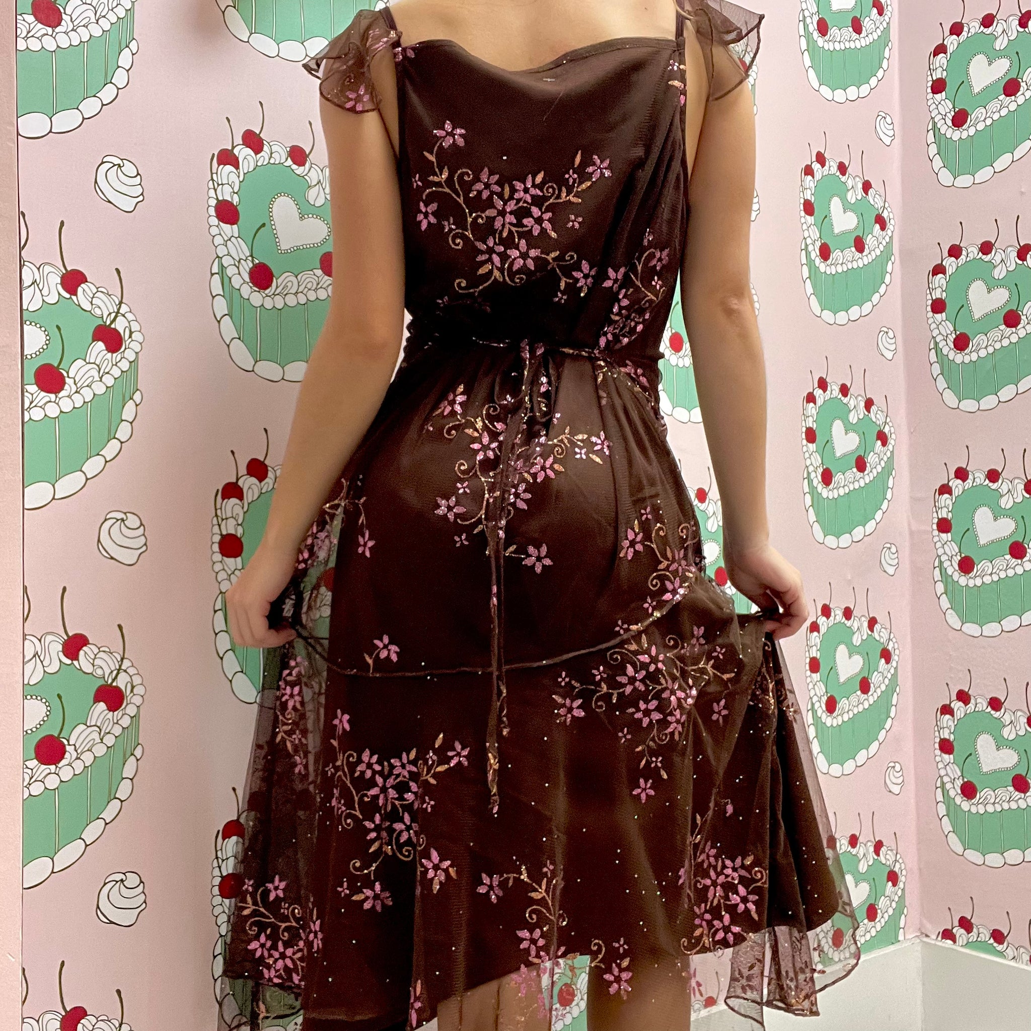 Brown Glitter Detailed Party Dress