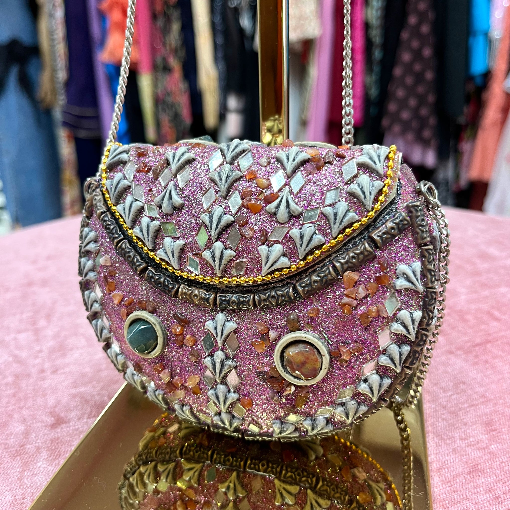 Pink Bejewelled Clutch with Chain