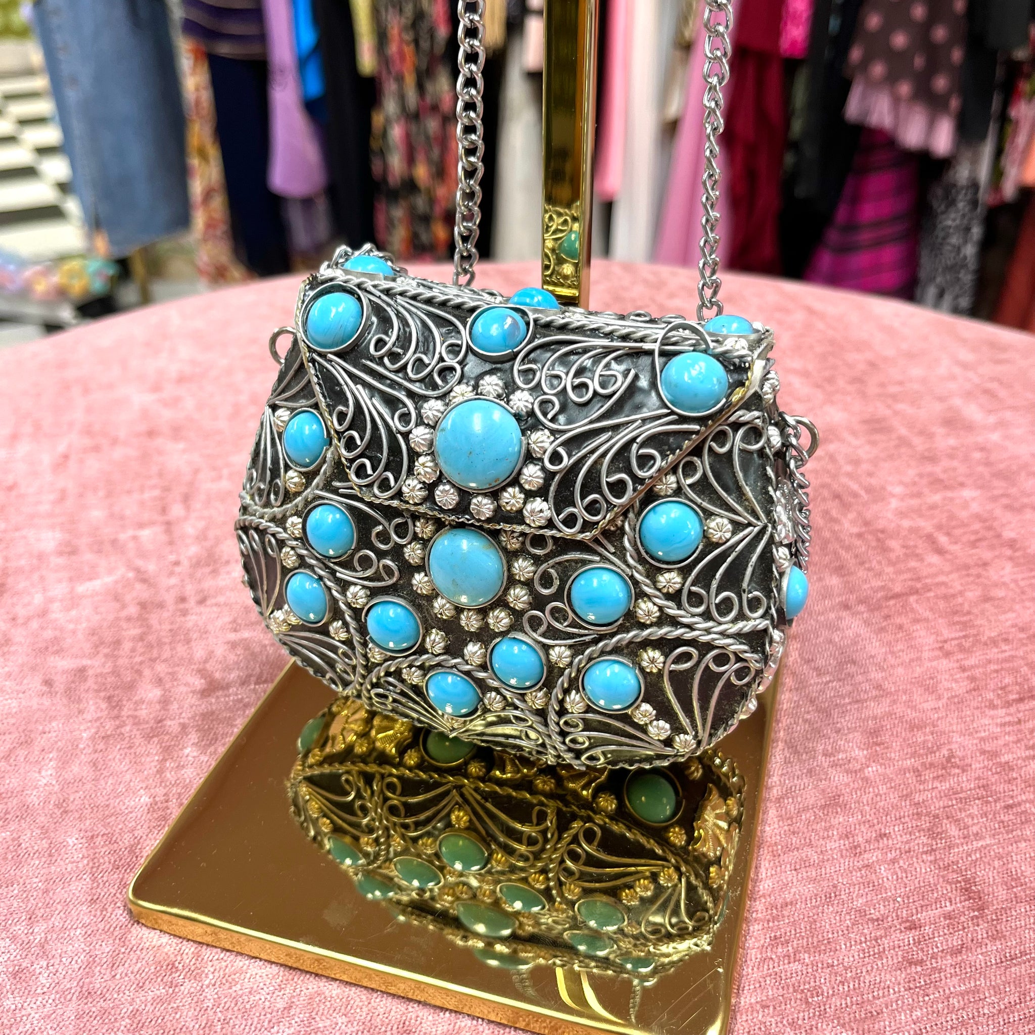 Aqua Bejewelled Clutch with Chain