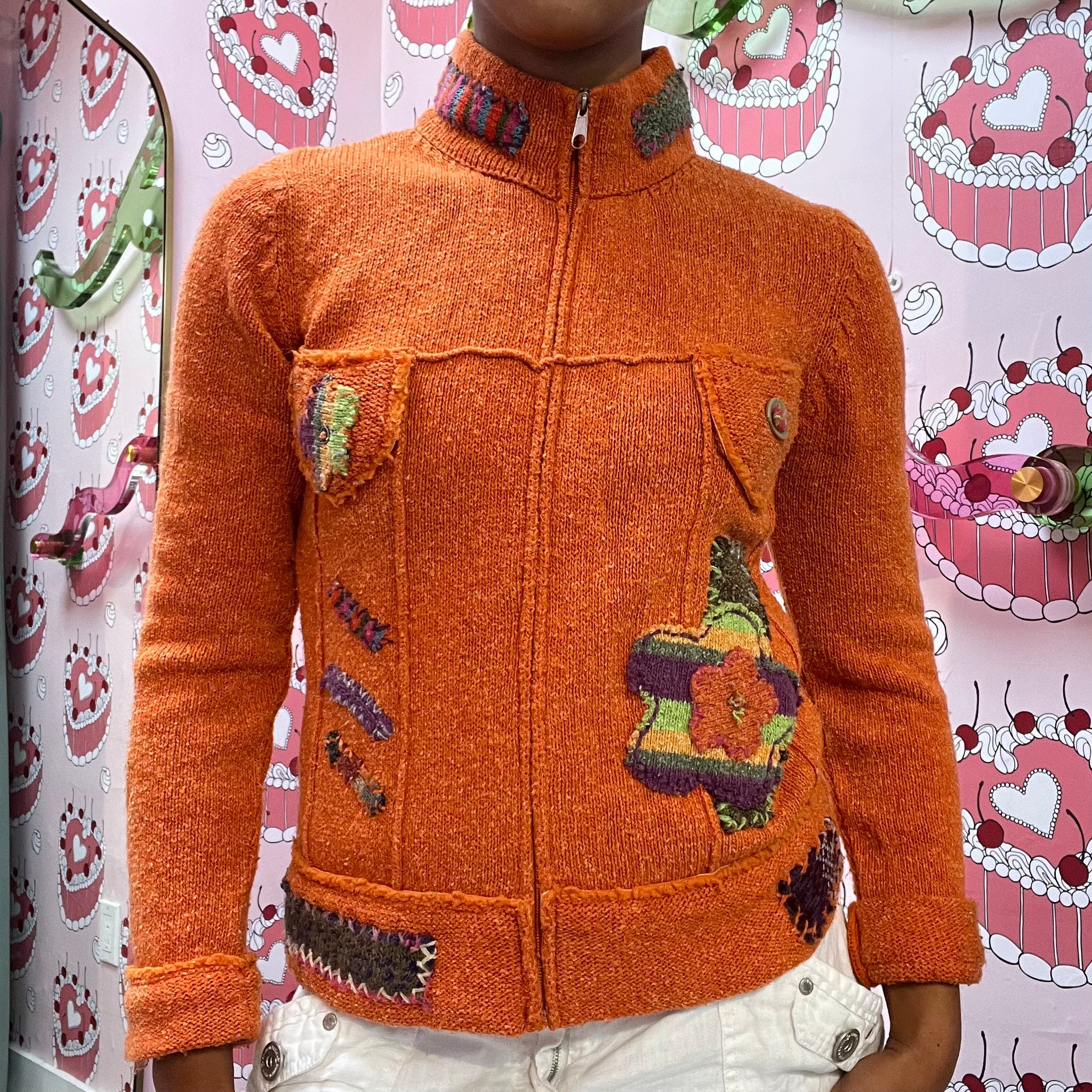 Orange Embroidered Zip Up Cardigan