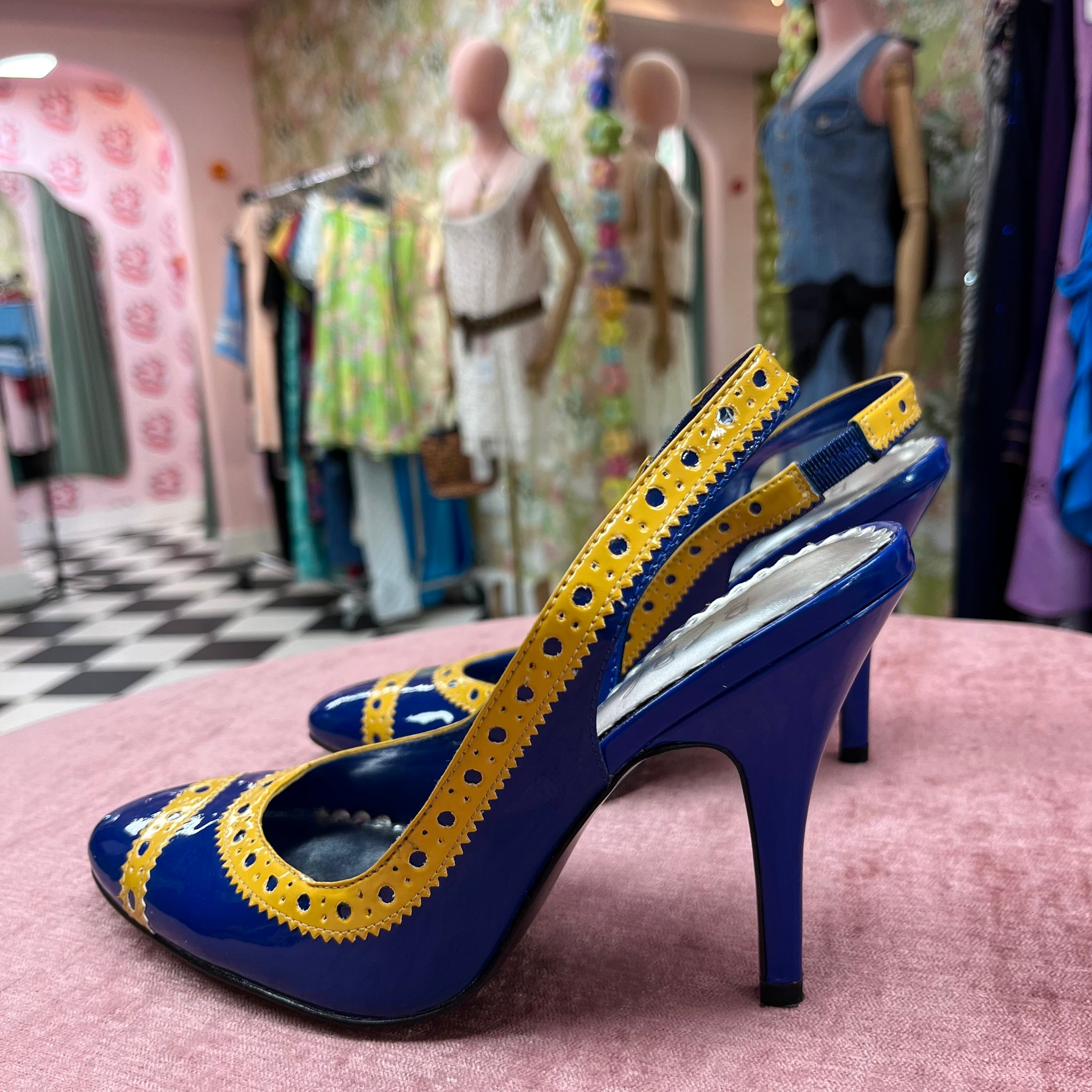 Yellow and Blue Sling Back Heels