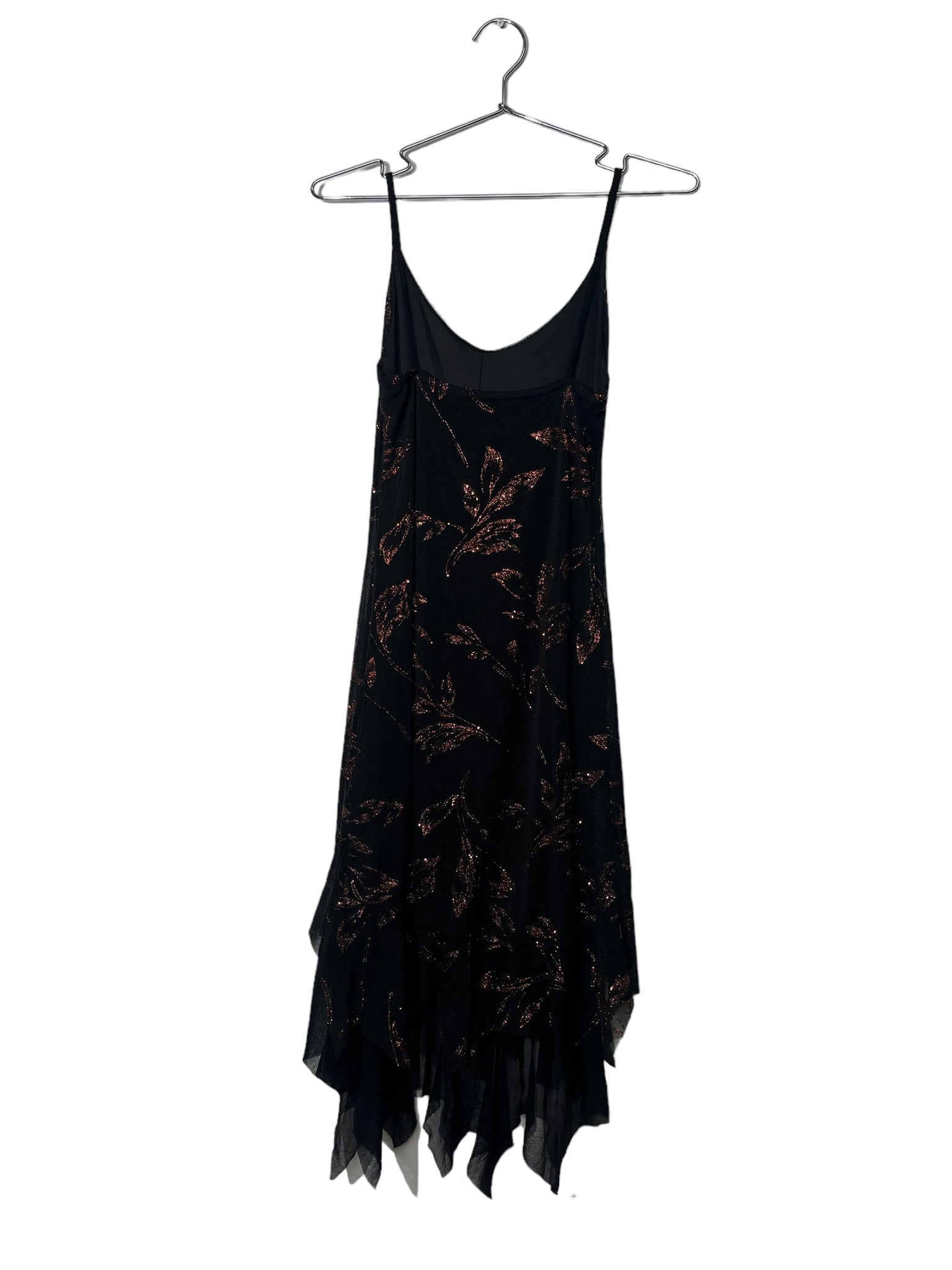 Black Shiny Floral Design Hanky Hem Dress