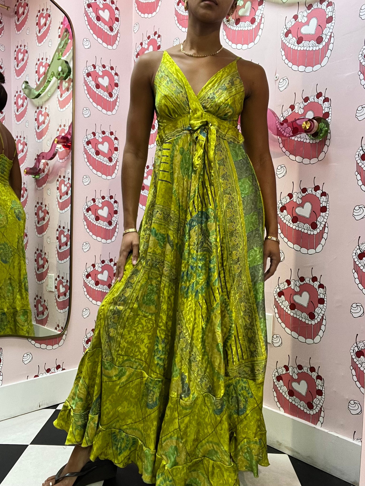 Green Patterned V-Neck Dress