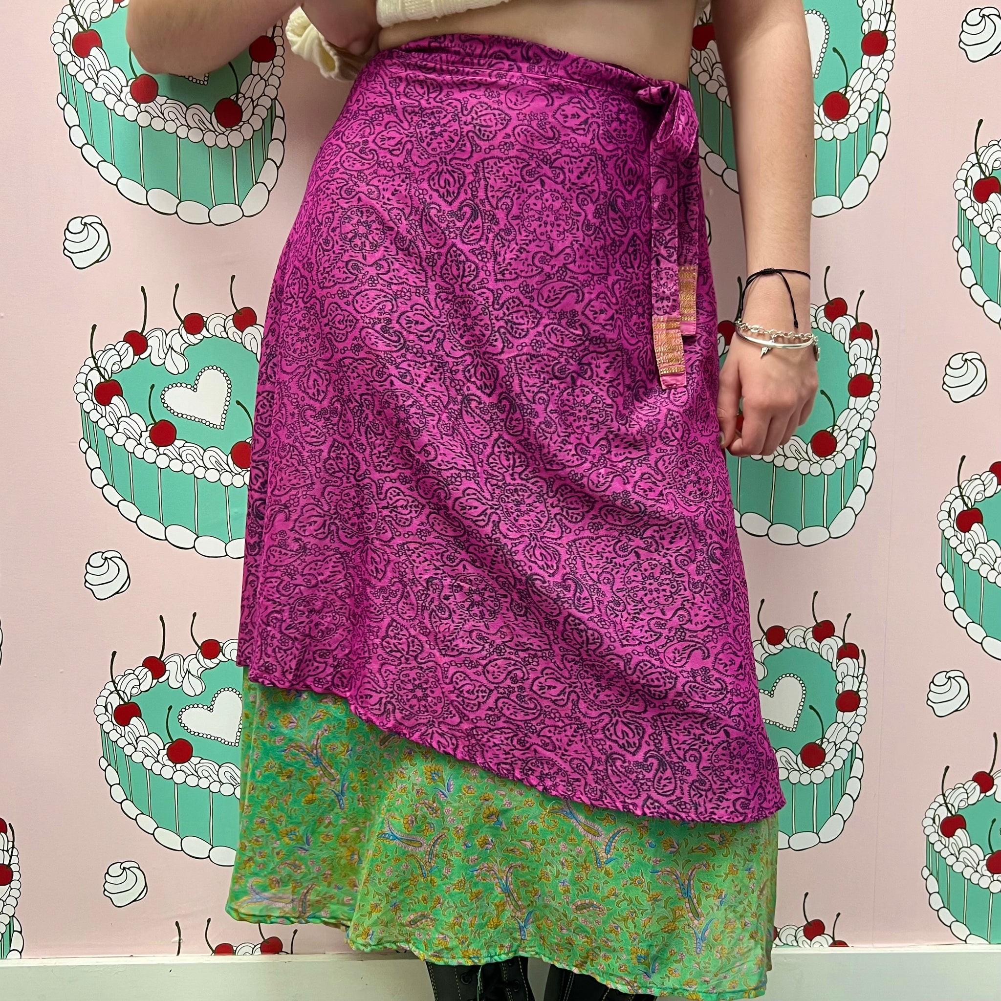 Reversible Patterned Wrap Green Skirt