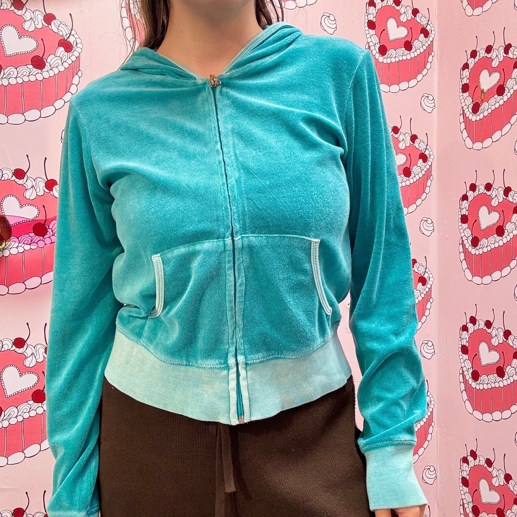 Turquoise Velour Zip Up Hoodie