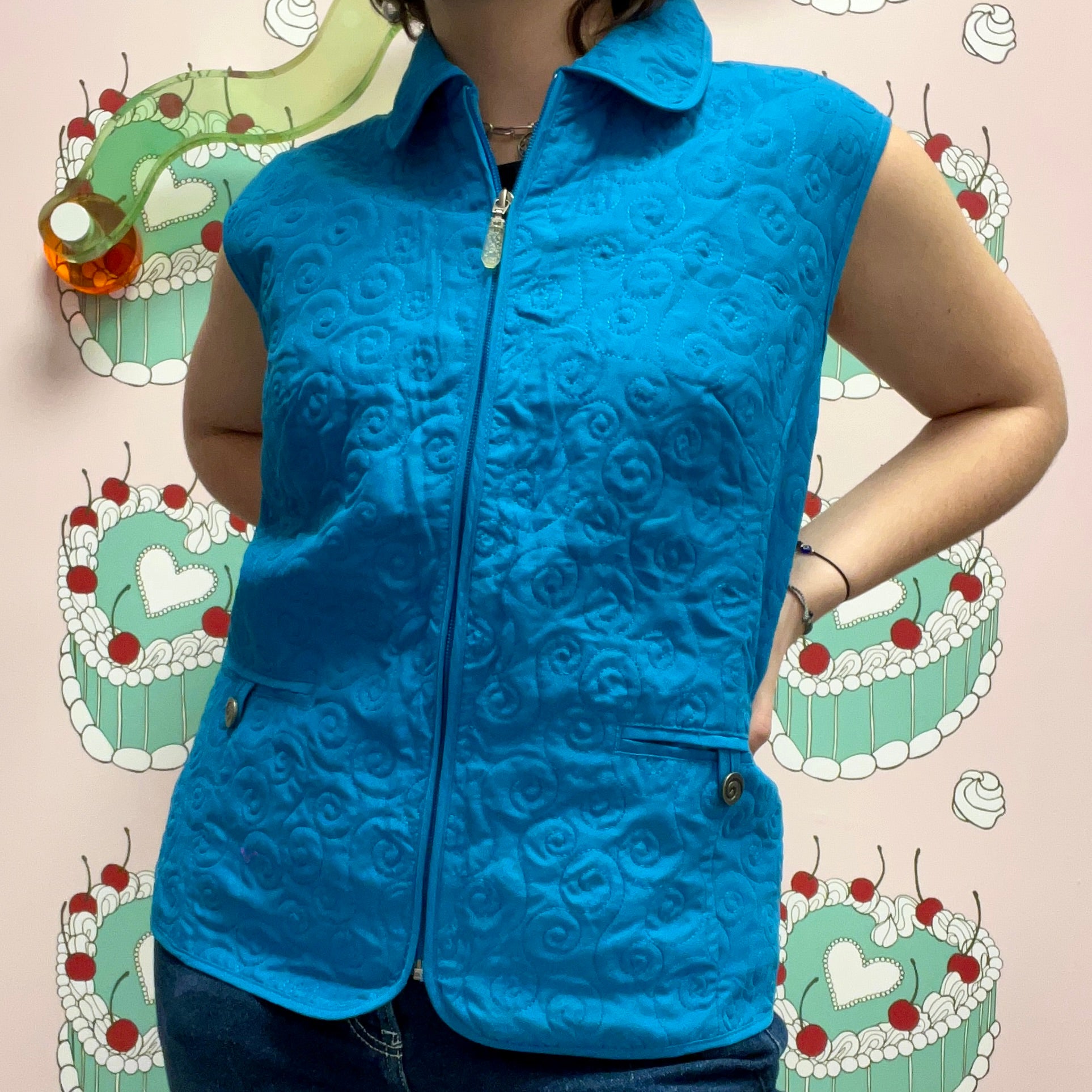 Blue Collared Vest with Embroidered Details