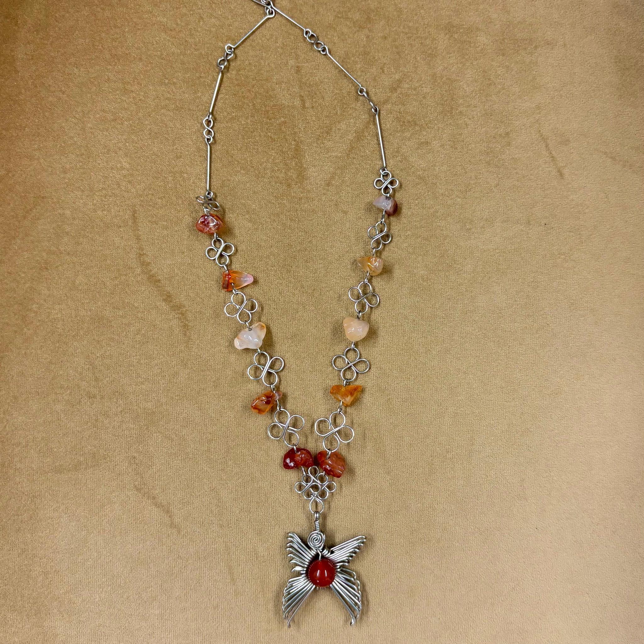 Wired Wing and Orange Bead Necklace