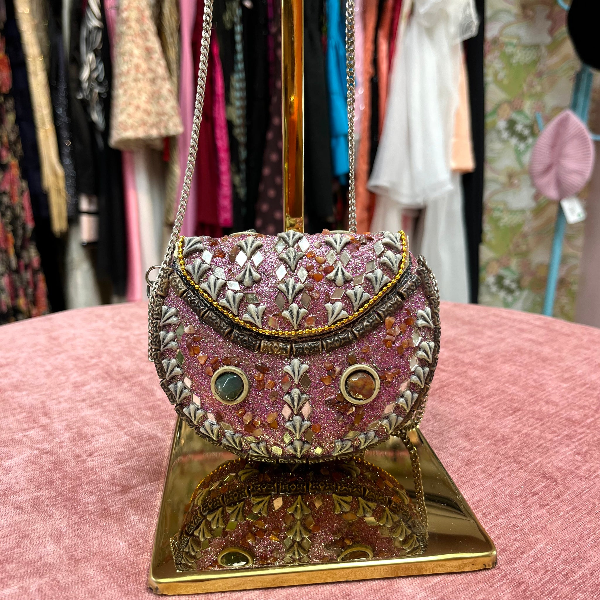 Pink Bejewelled Clutch with Chain