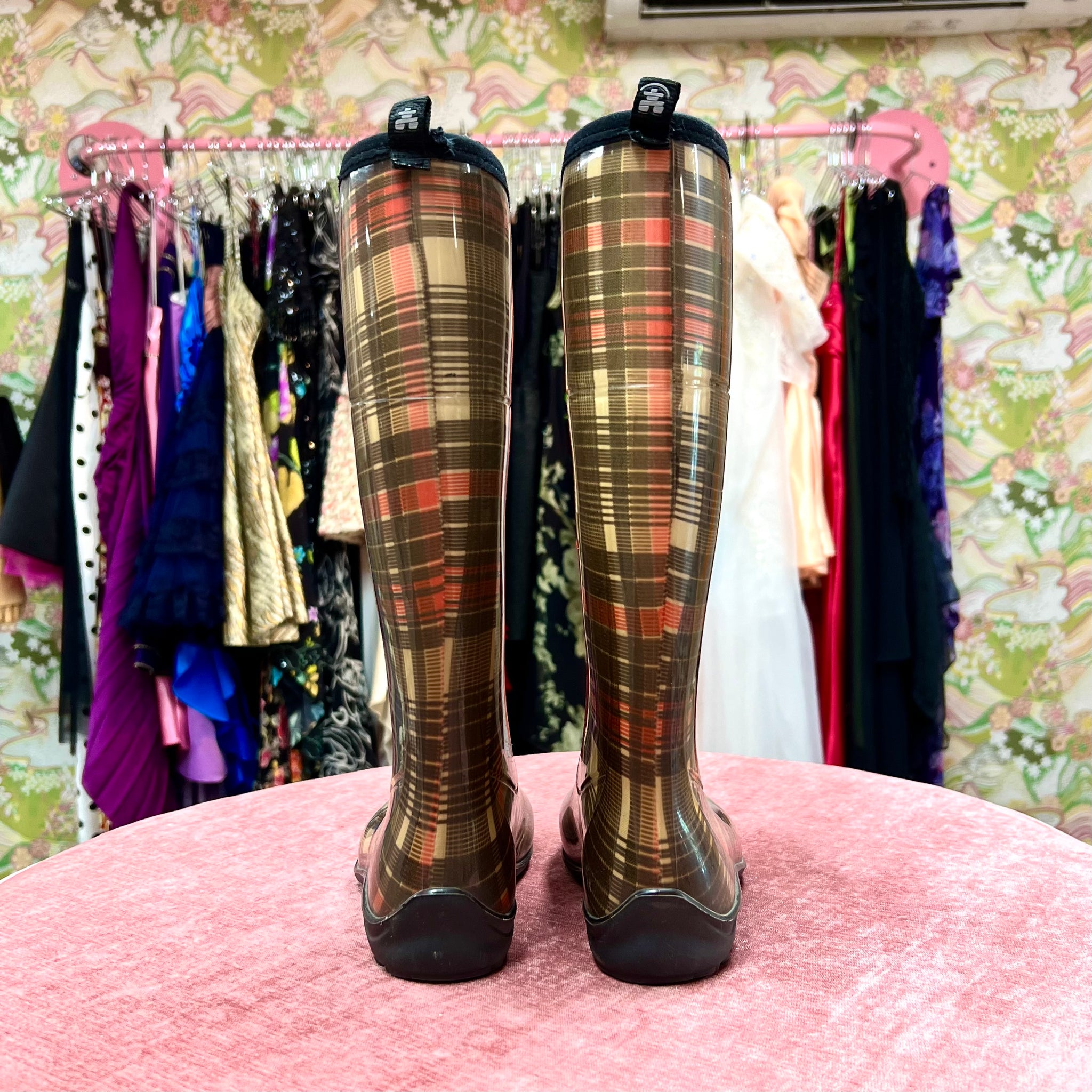 Plaid print rain boots