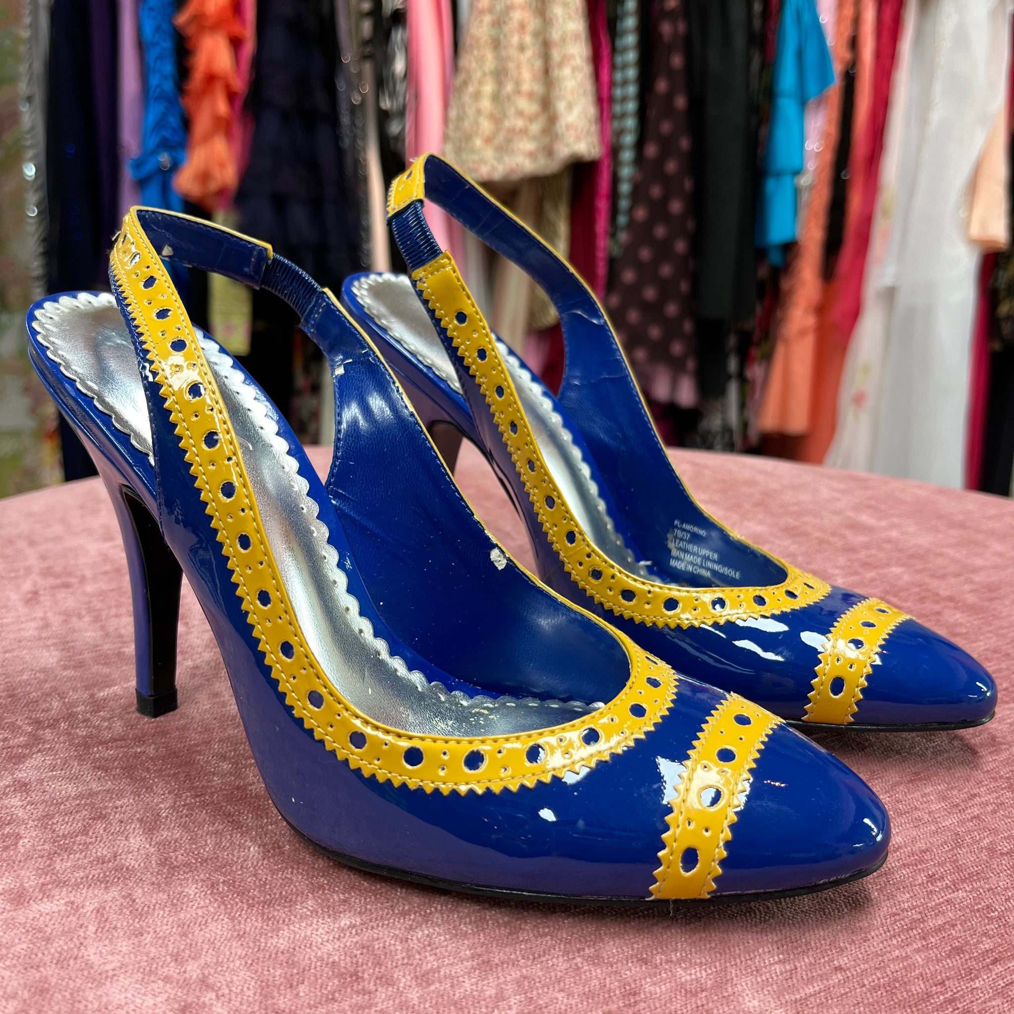 Yellow and Blue Sling Back Heels