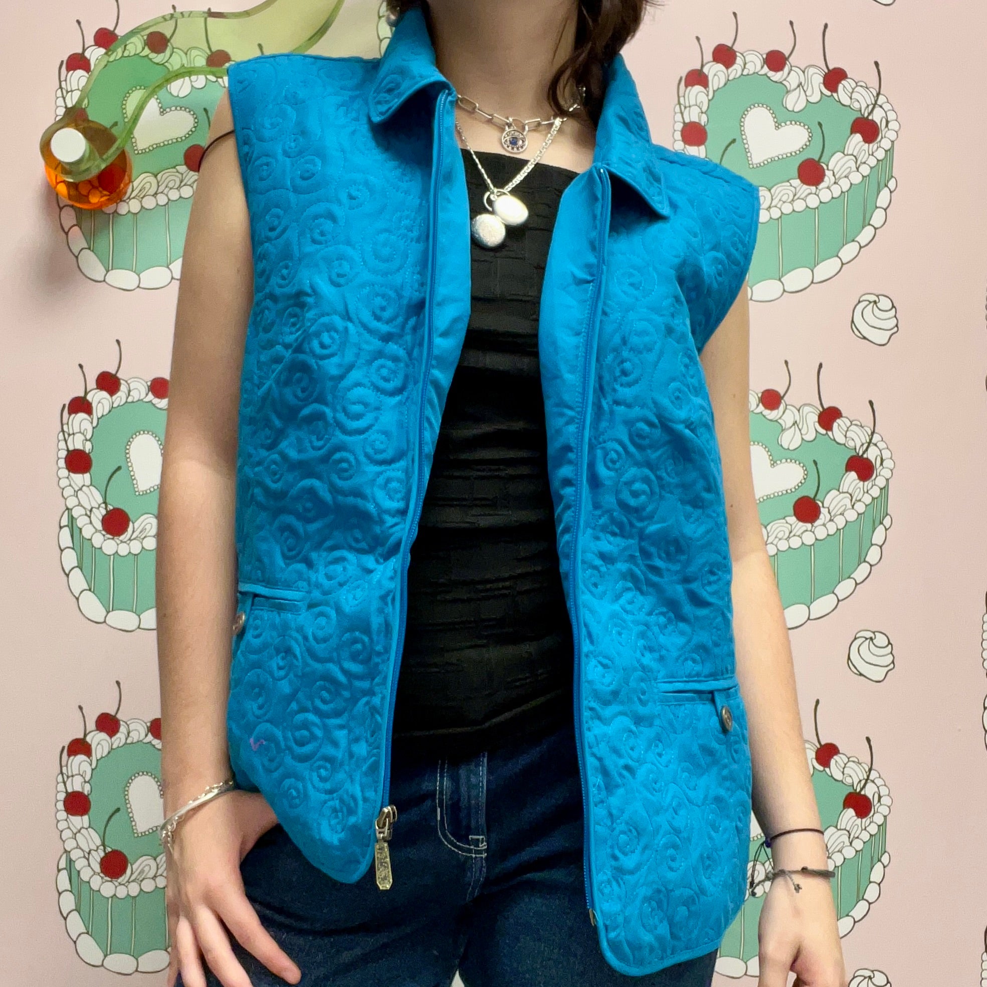 Blue Collared Vest with Embroidered Details