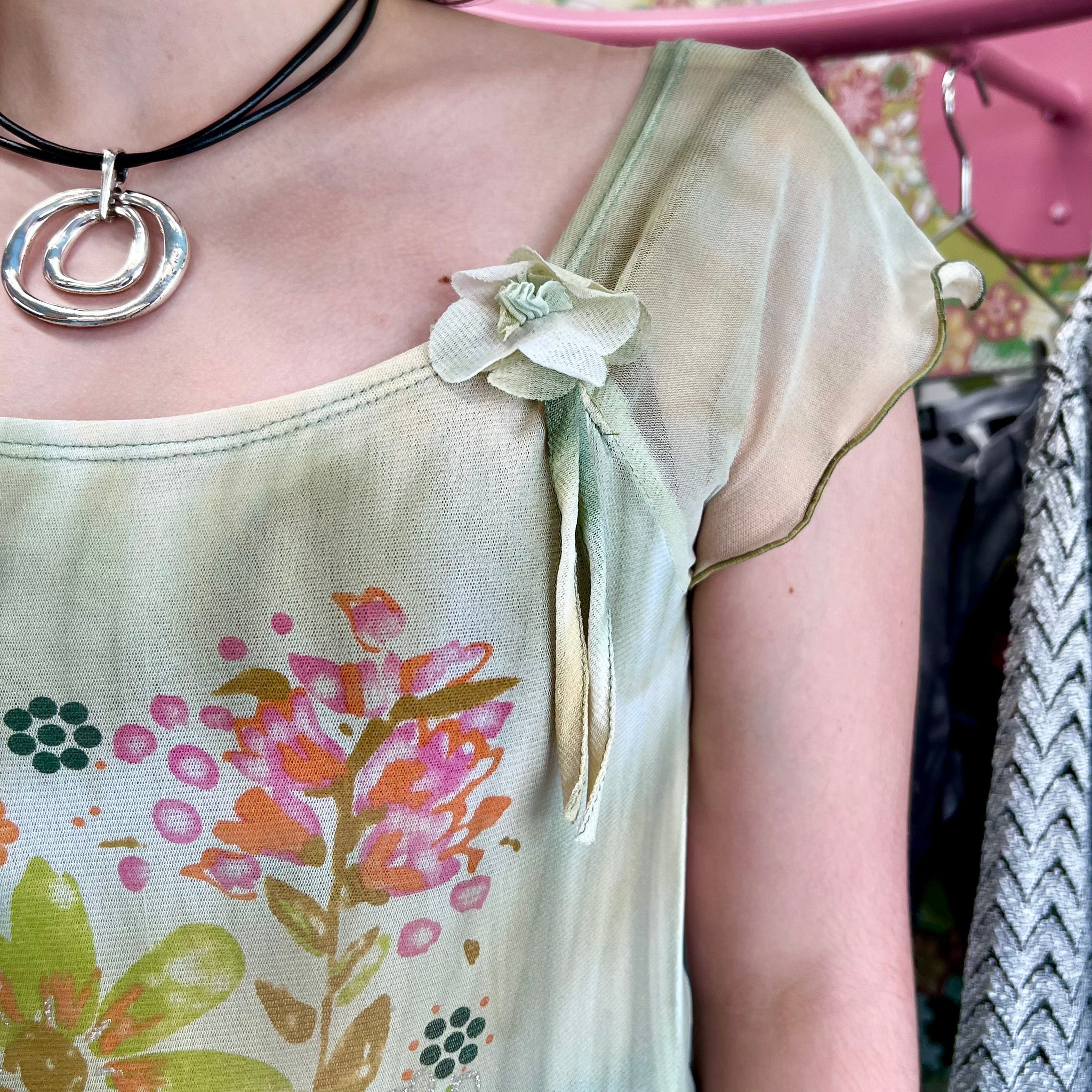 Green and Orange Flower Sheer Blouse