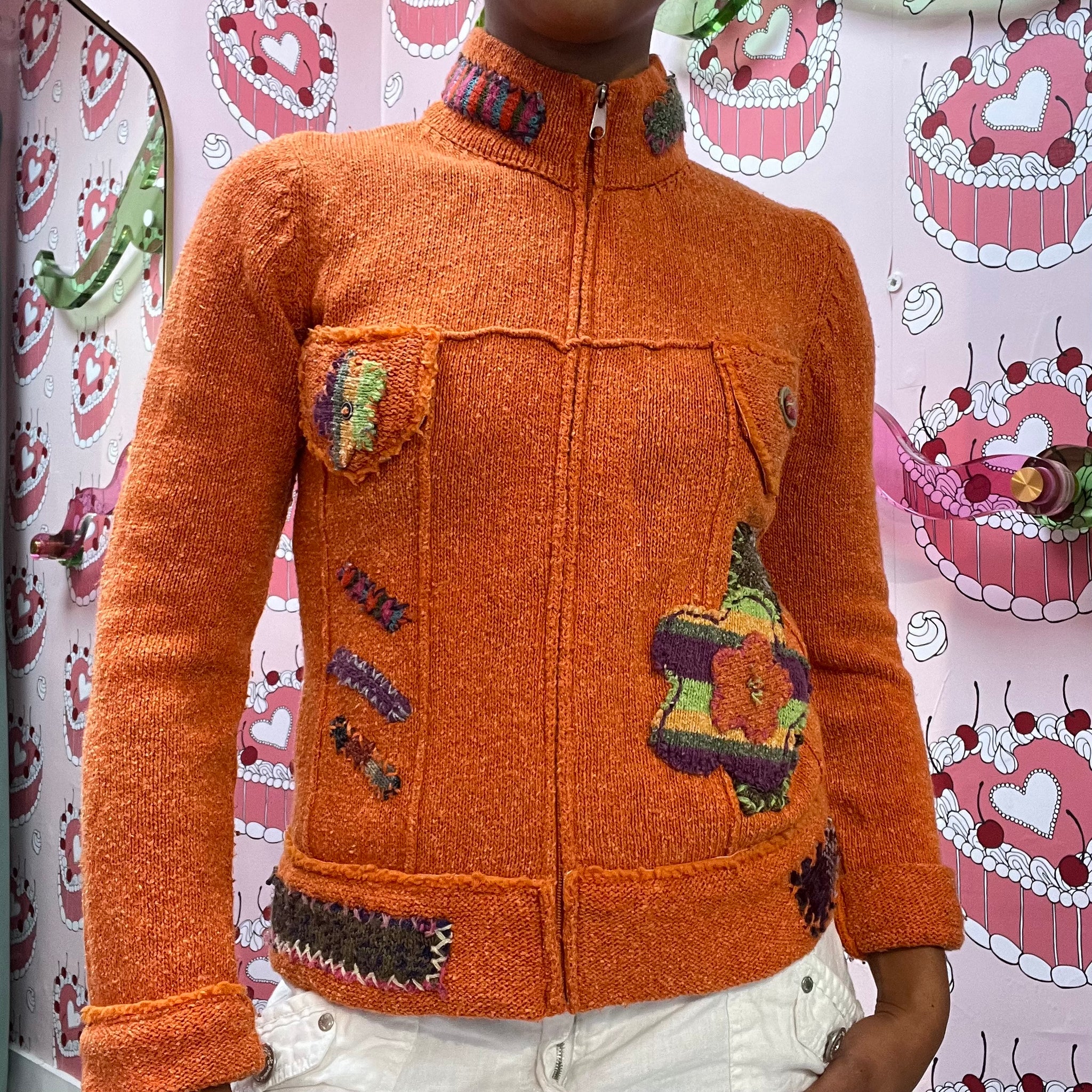 Orange Embroidered Zip Up Cardigan