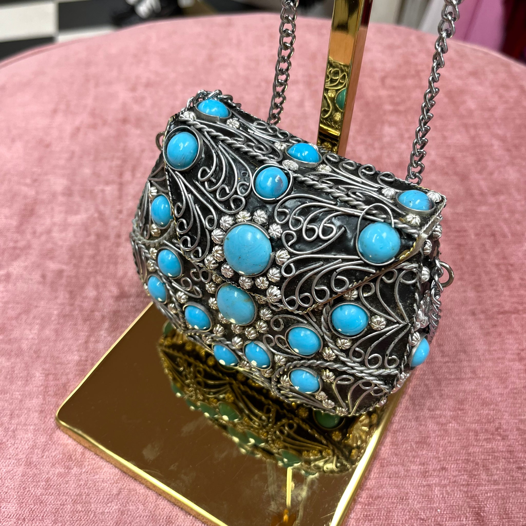 Aqua Bejewelled Clutch with Chain