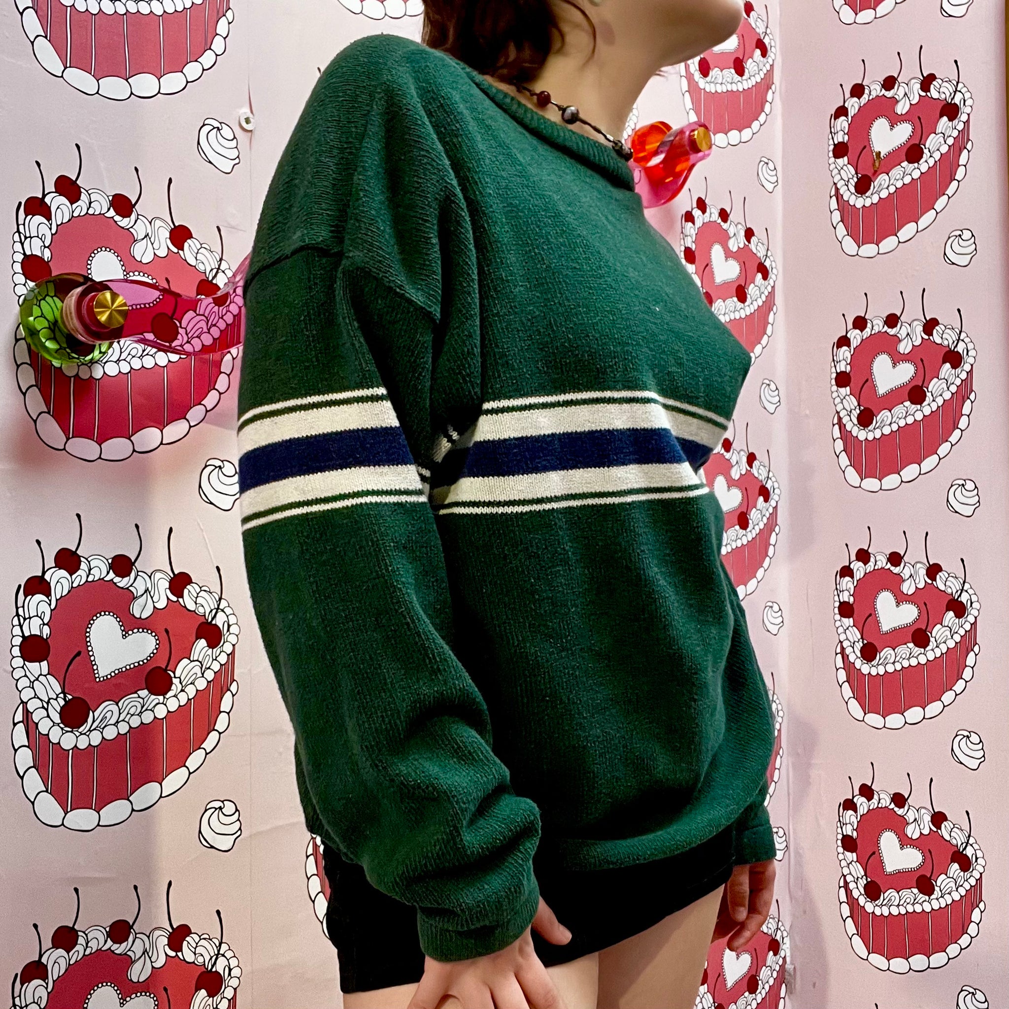 Green Sweater with a Line Print