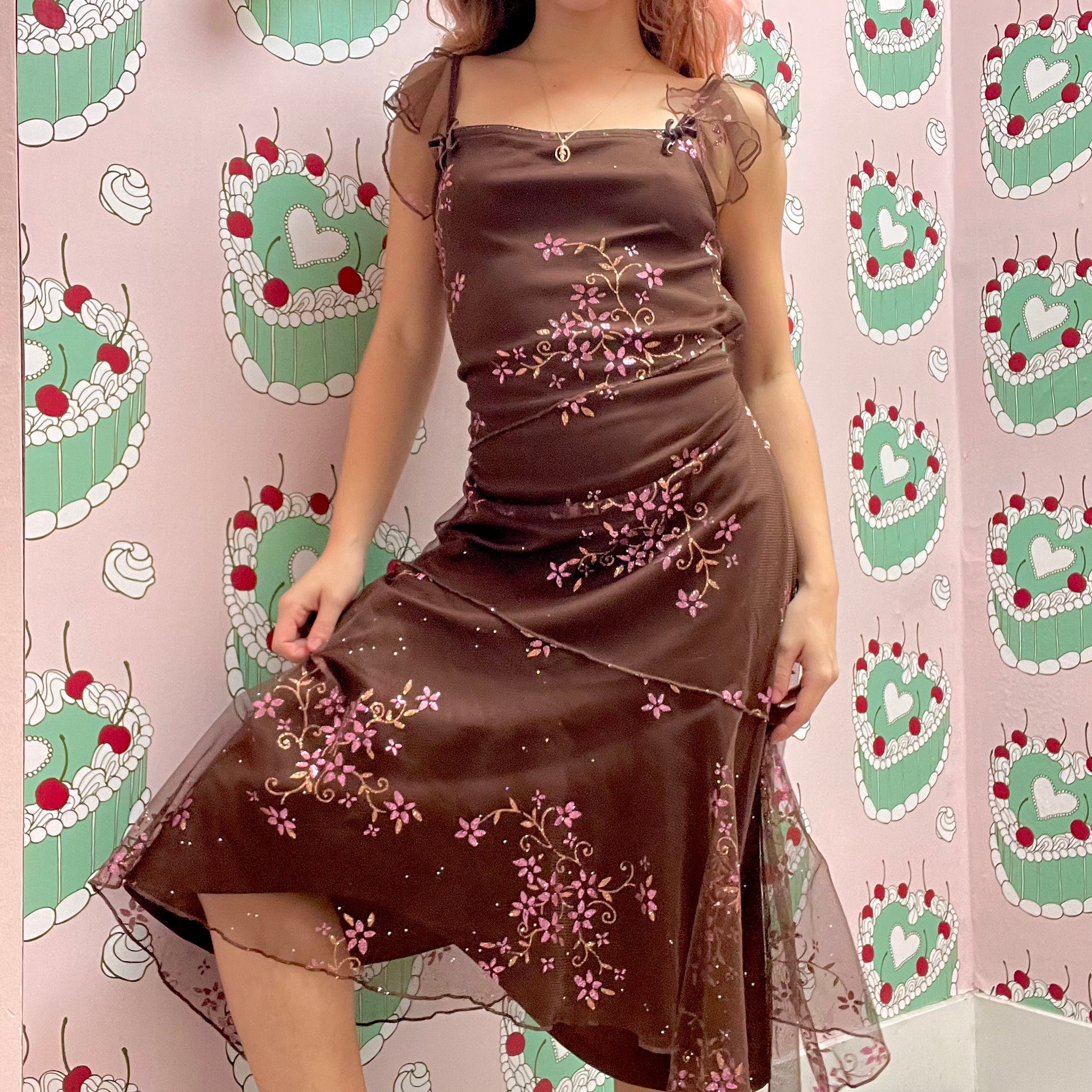 Brown Glitter Detailed Party Dress