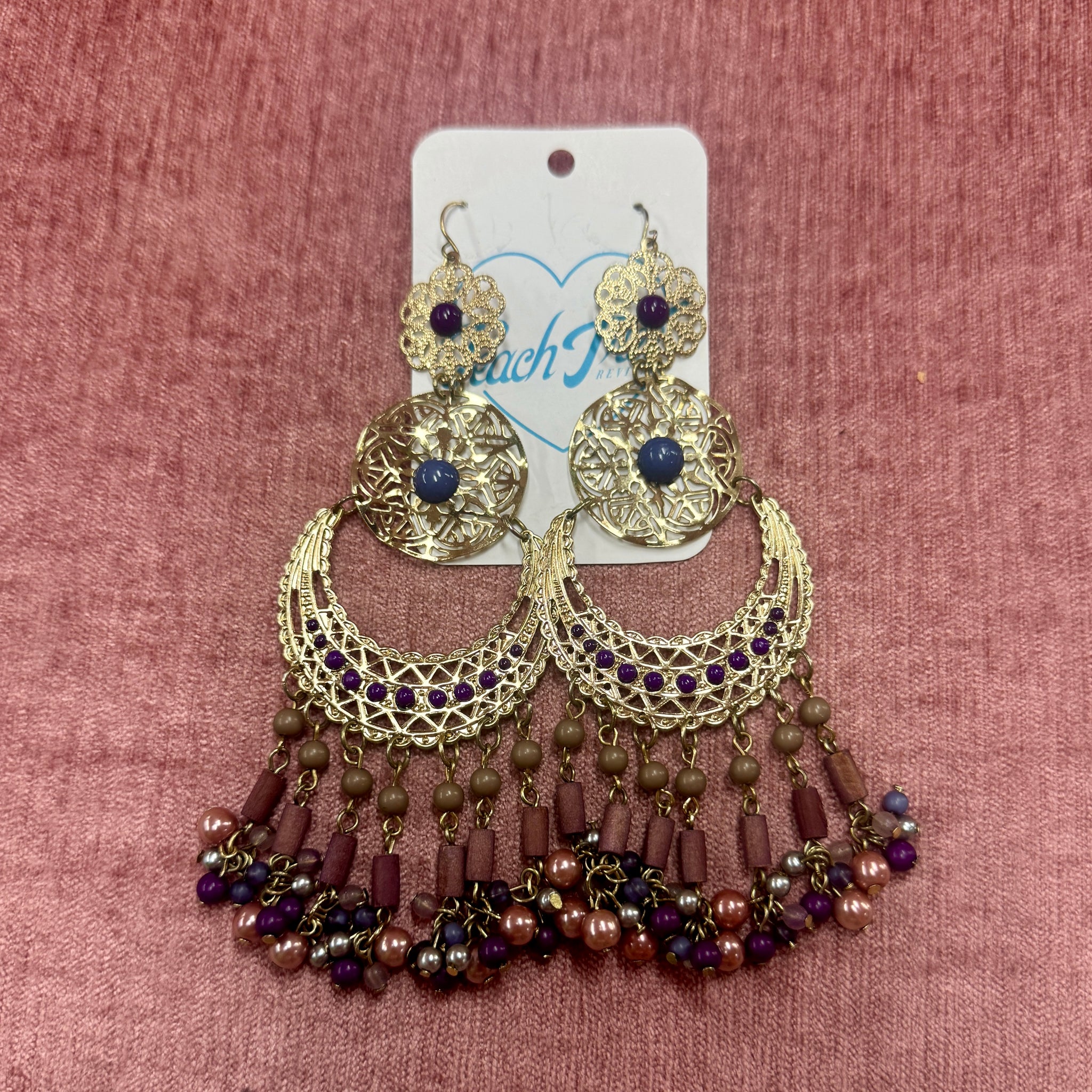 Geometric Gold Earrings with Purple Beading