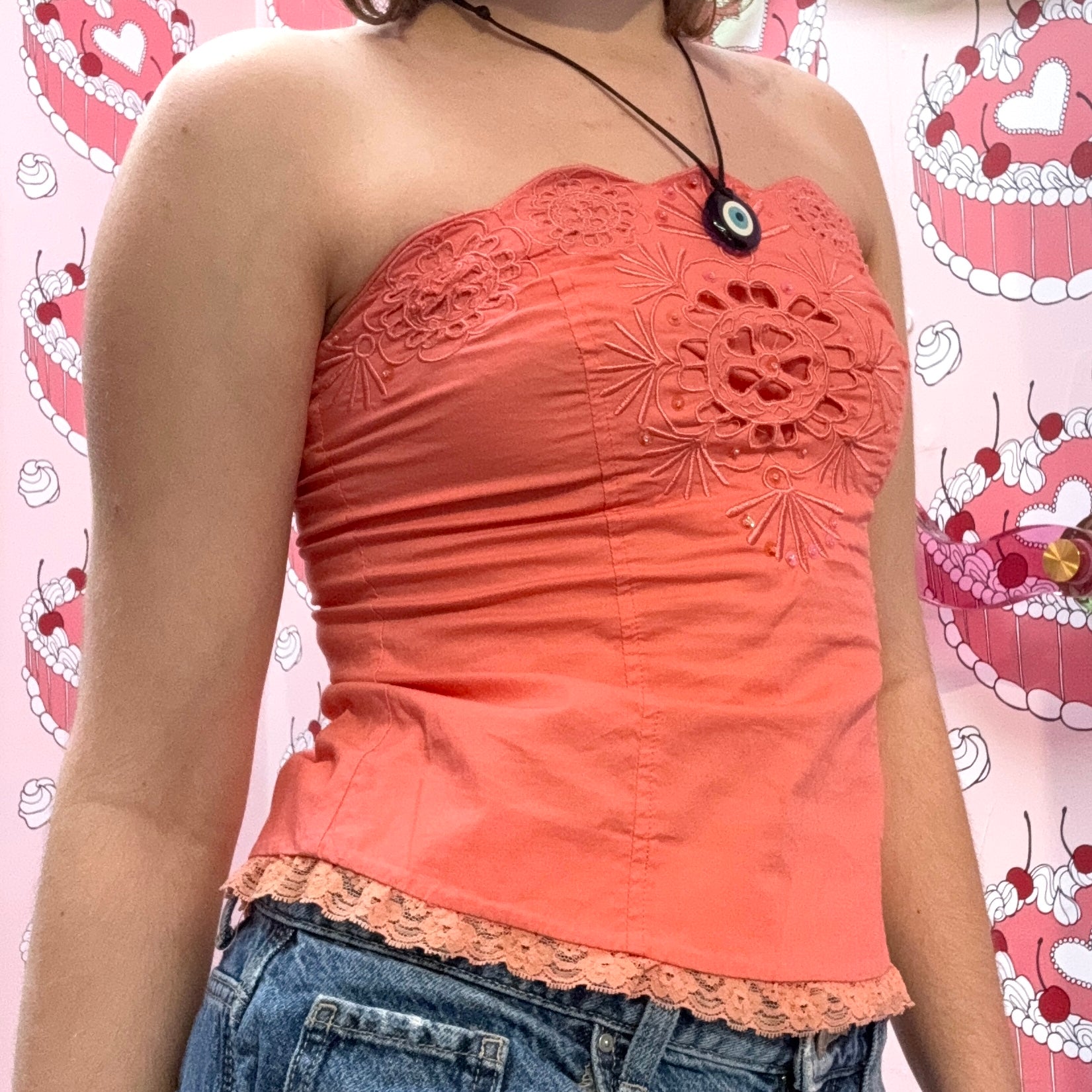 Coral Sequin Strapless Top with Lace Trim