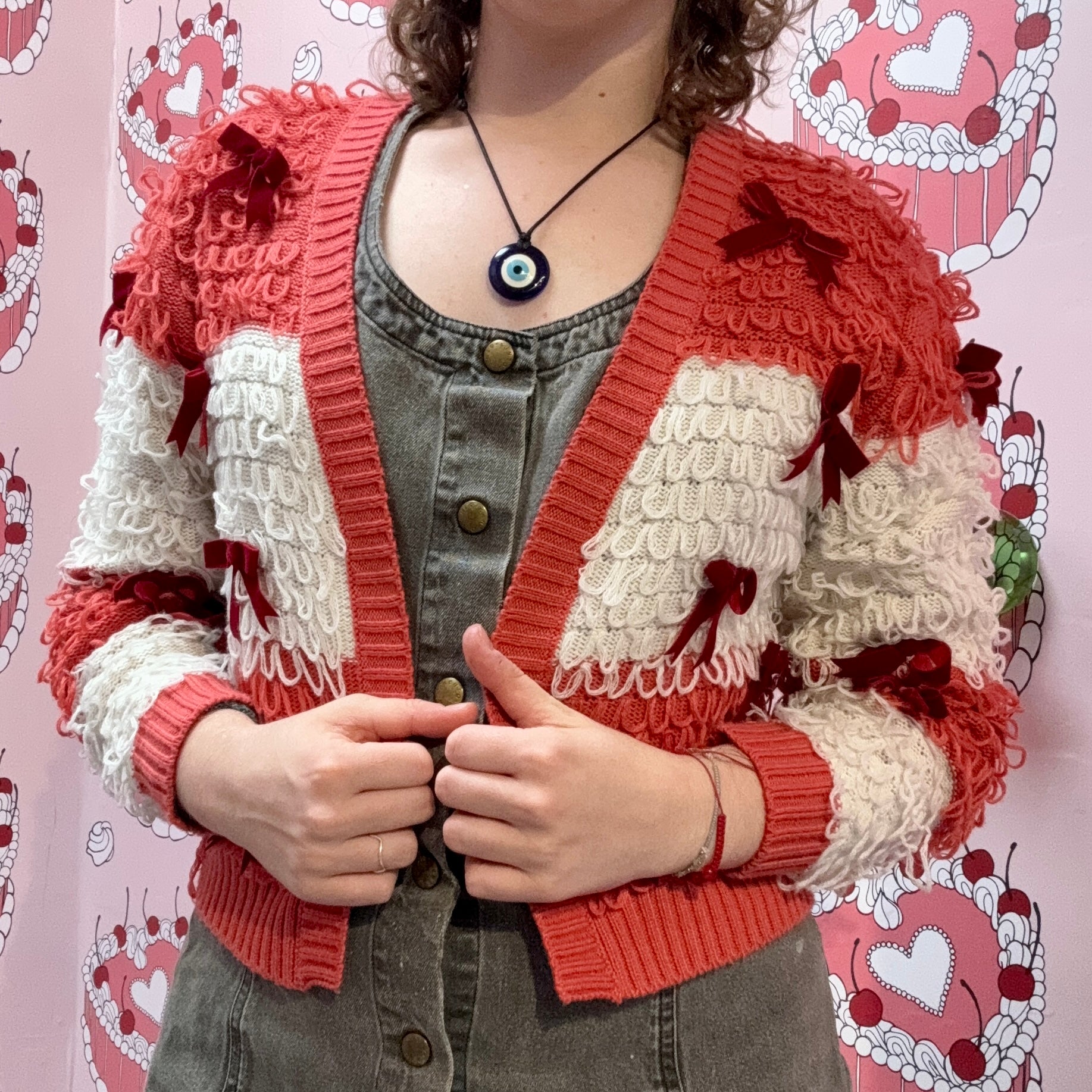 Pink and White Cardigan With Bows