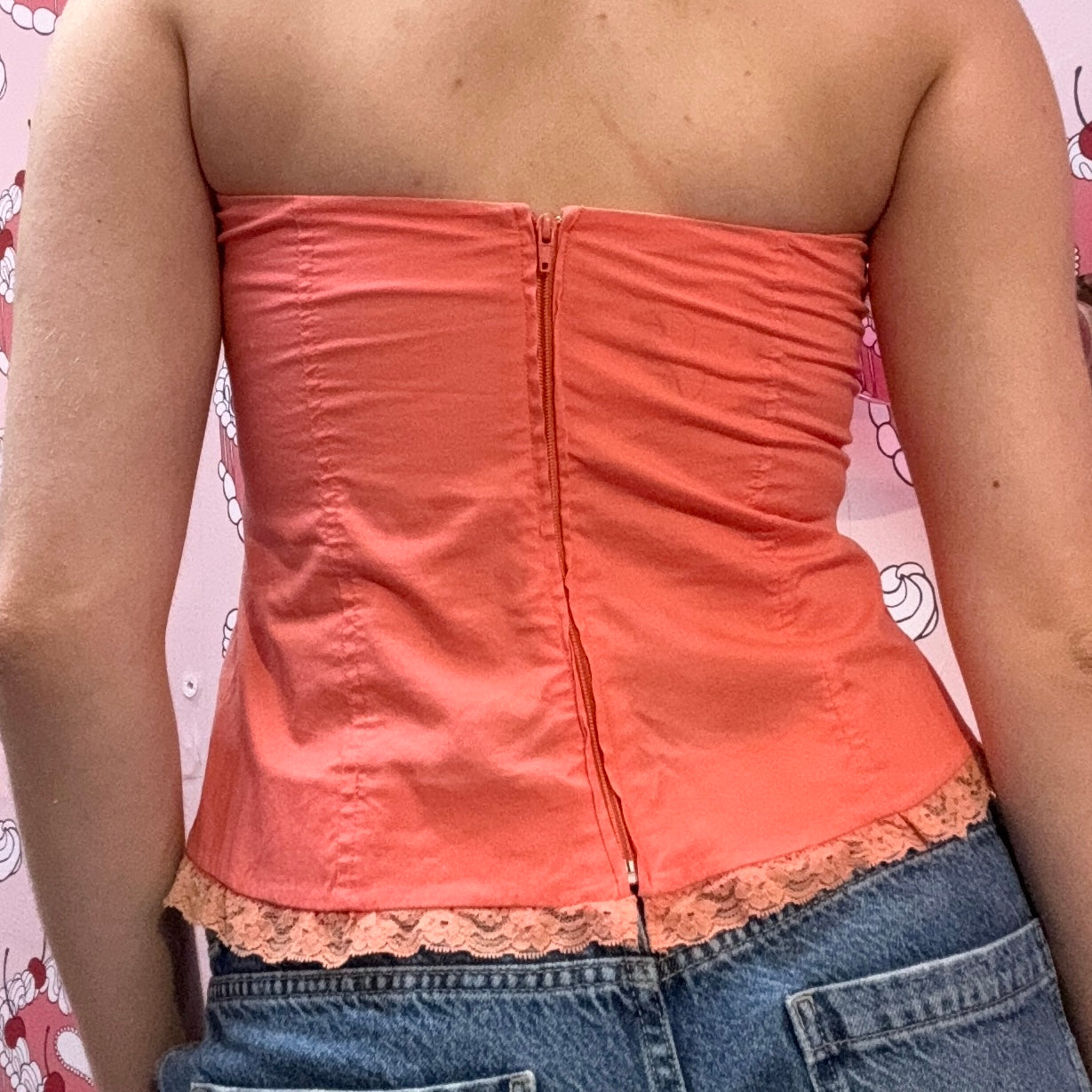 Coral Sequin Strapless Top with Lace Trim