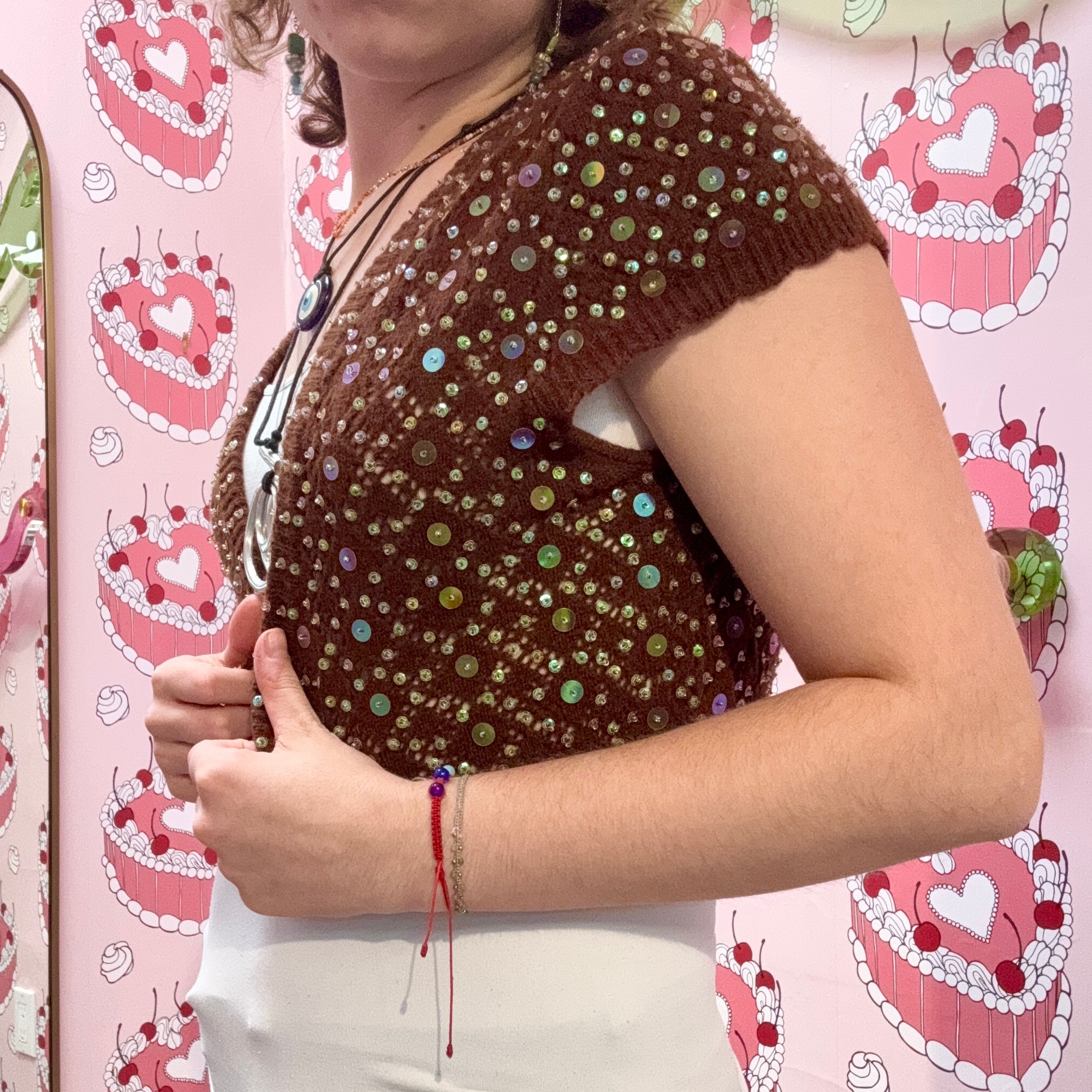 Knitted Brown Shawl With Holographic Sequins