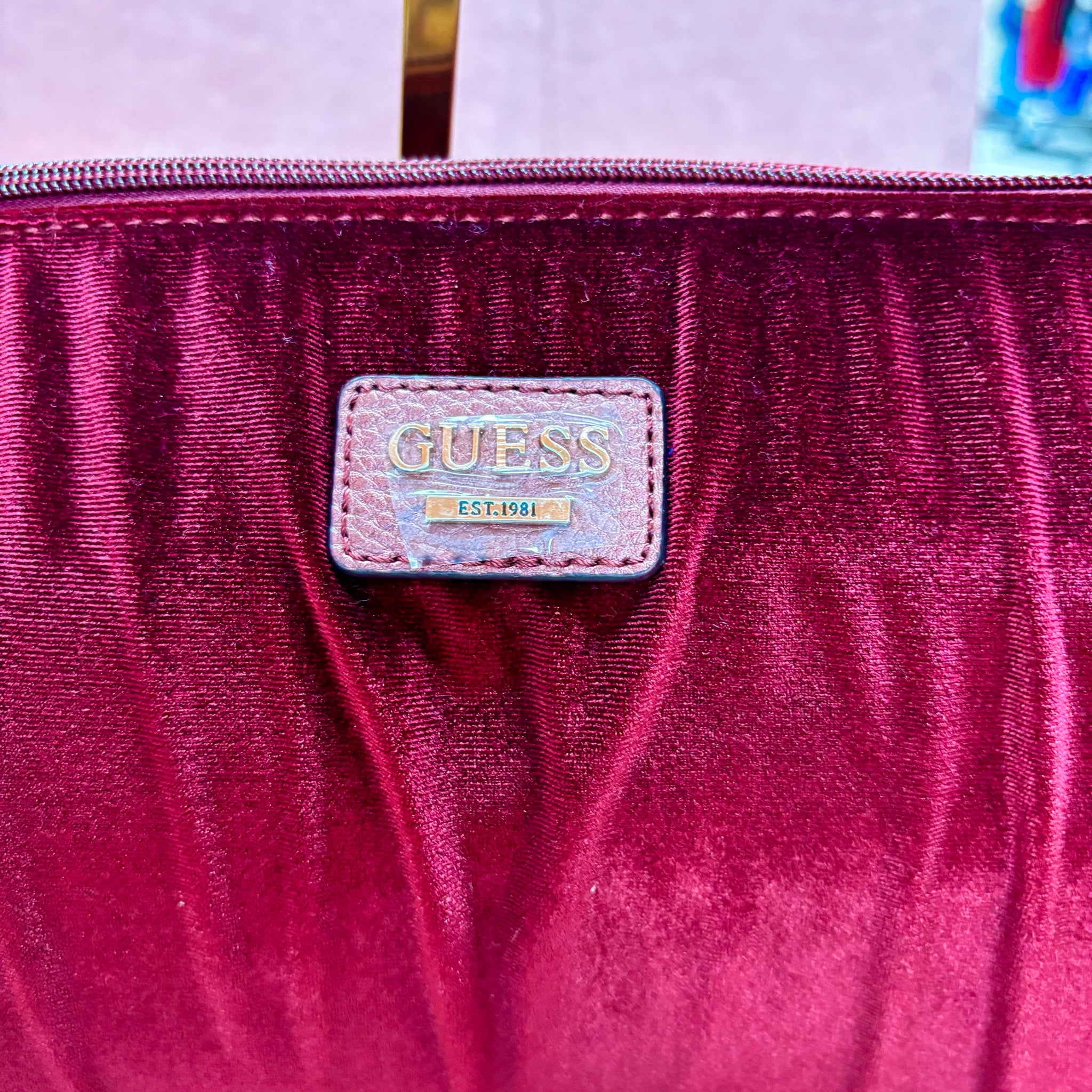 Guess Burgundy Velvet Shoulder Bag