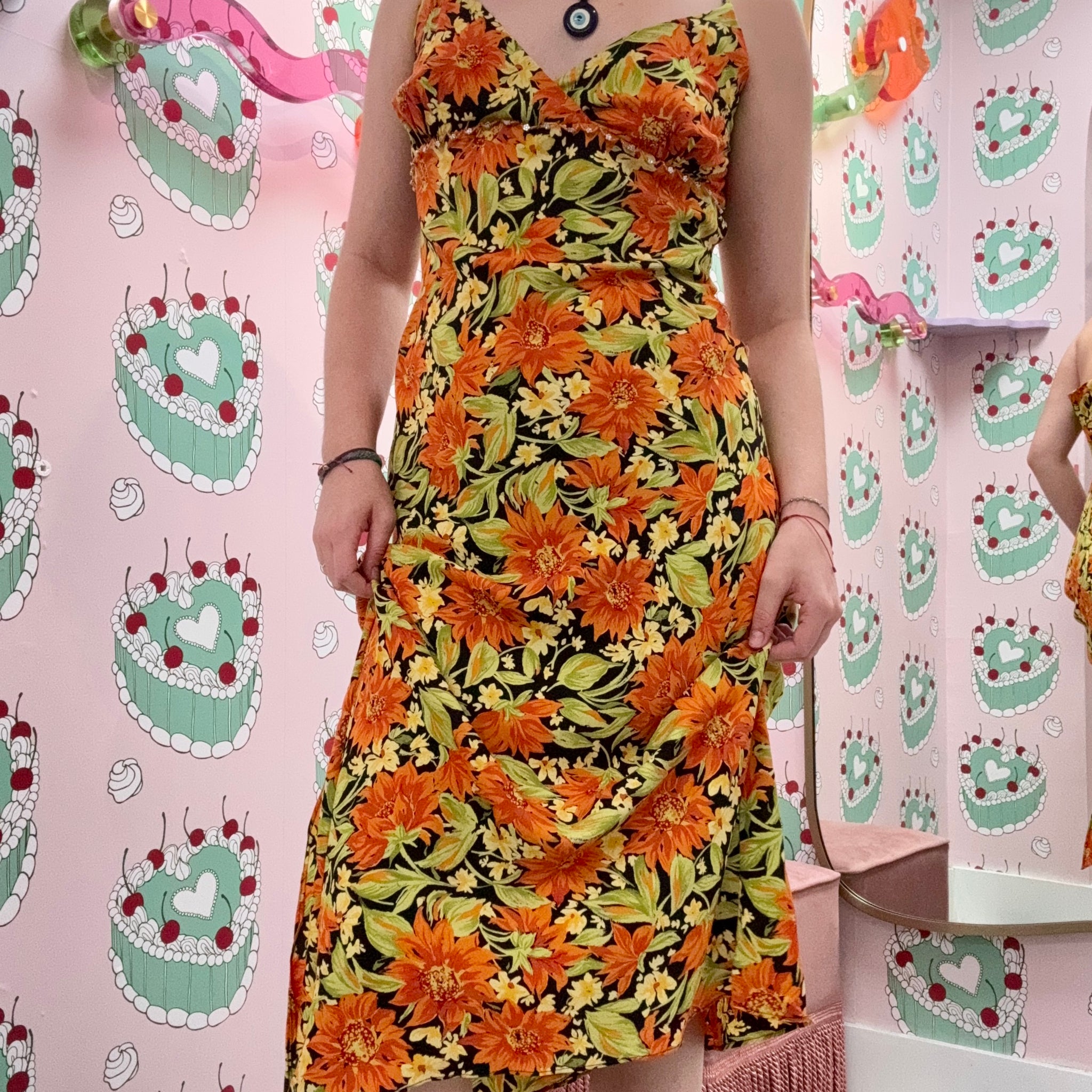 Orange and Green Floral Sequin Dress