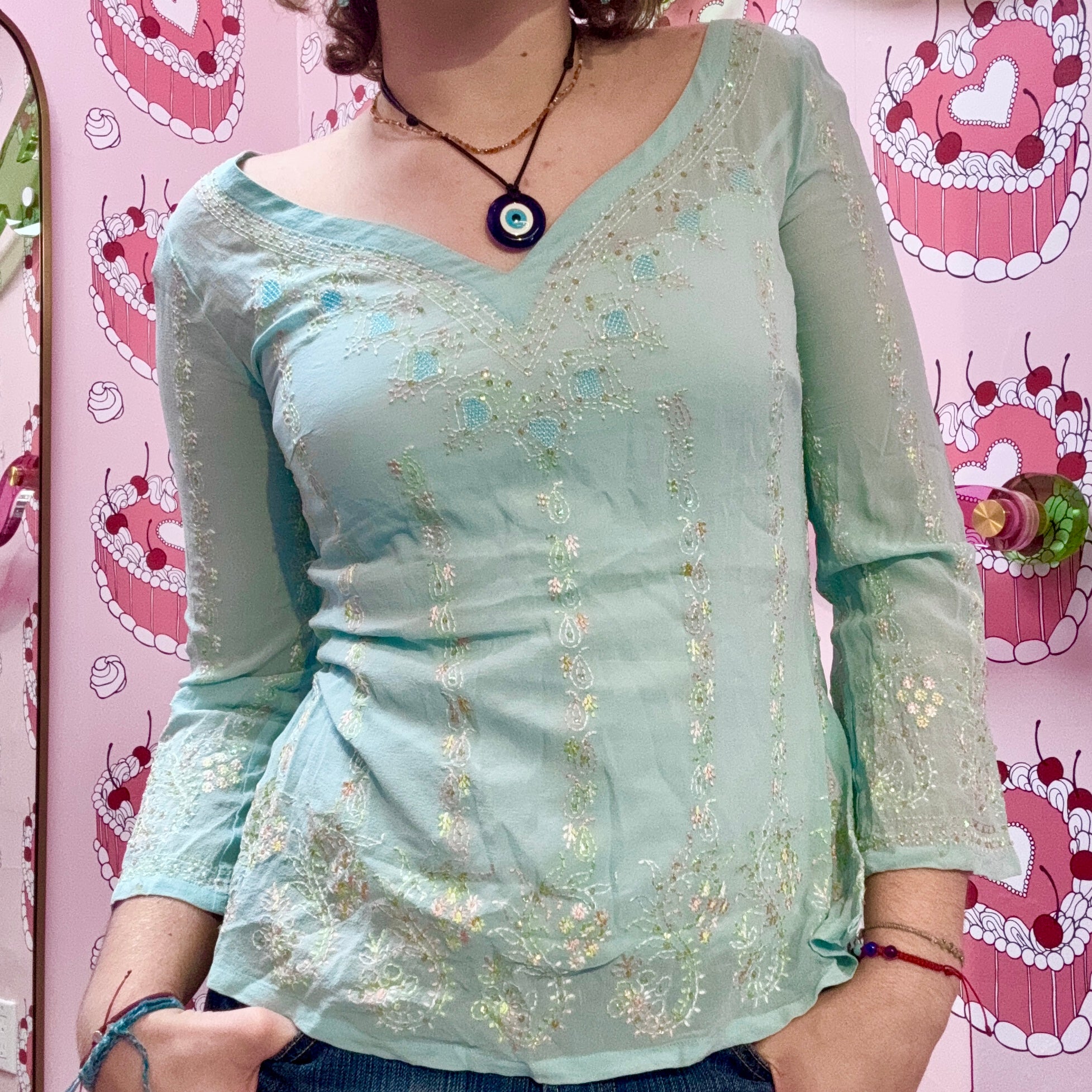 Pastel Turquoise Embroidered Blouse