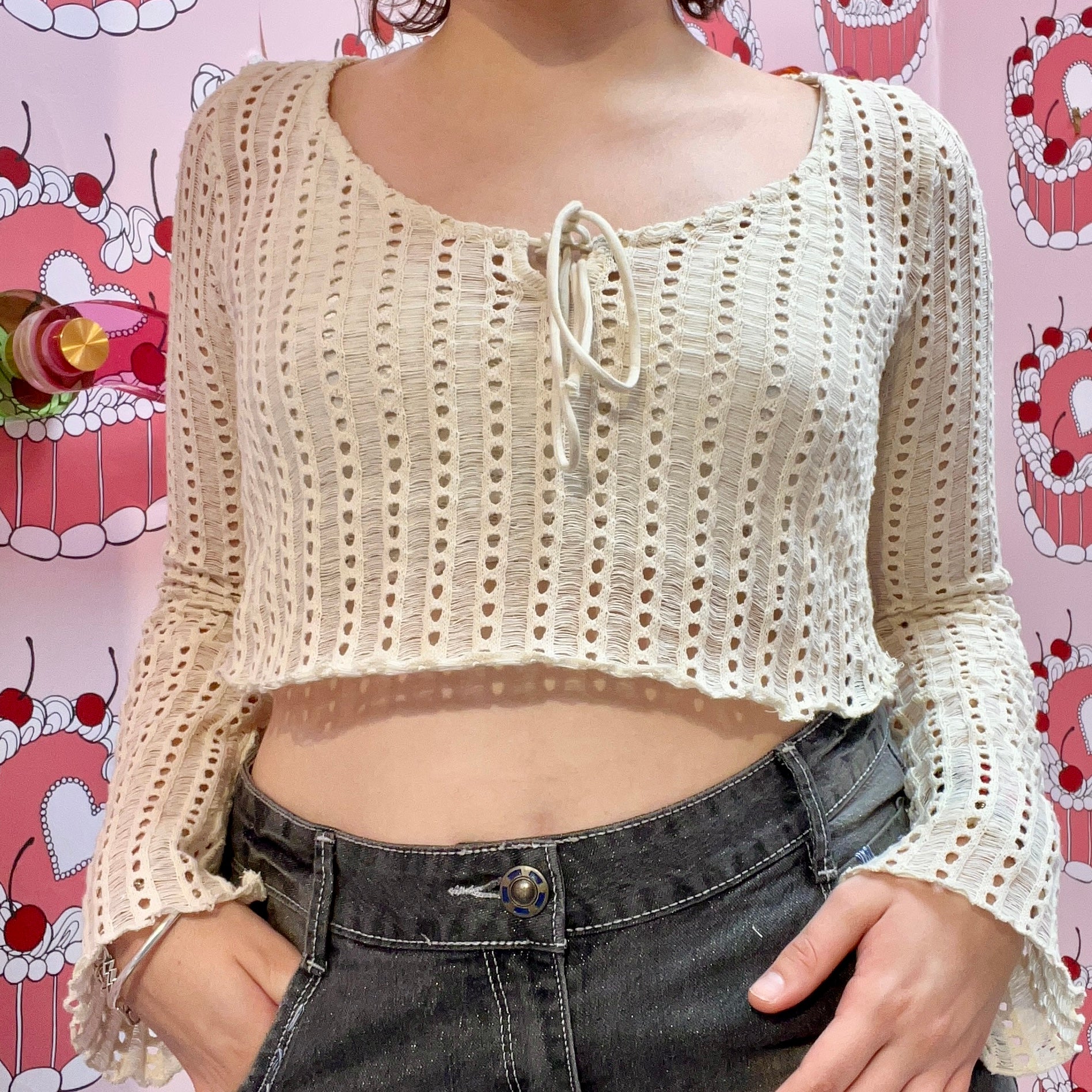 Cream Sheer Knit Longsleeve Top