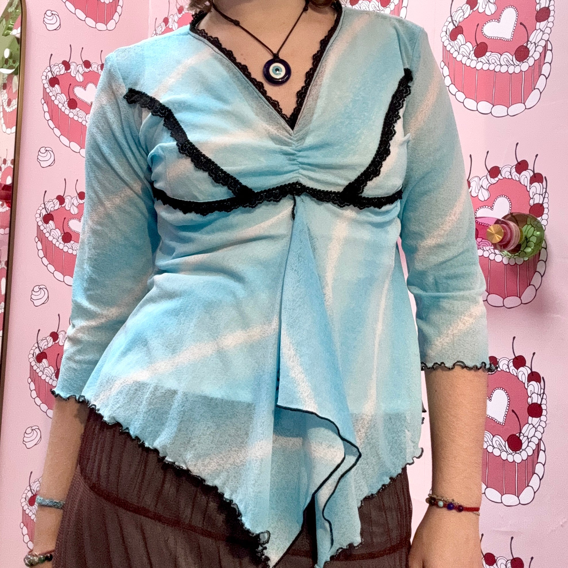 Sheer Blue Ruffled Babydoll Blouse