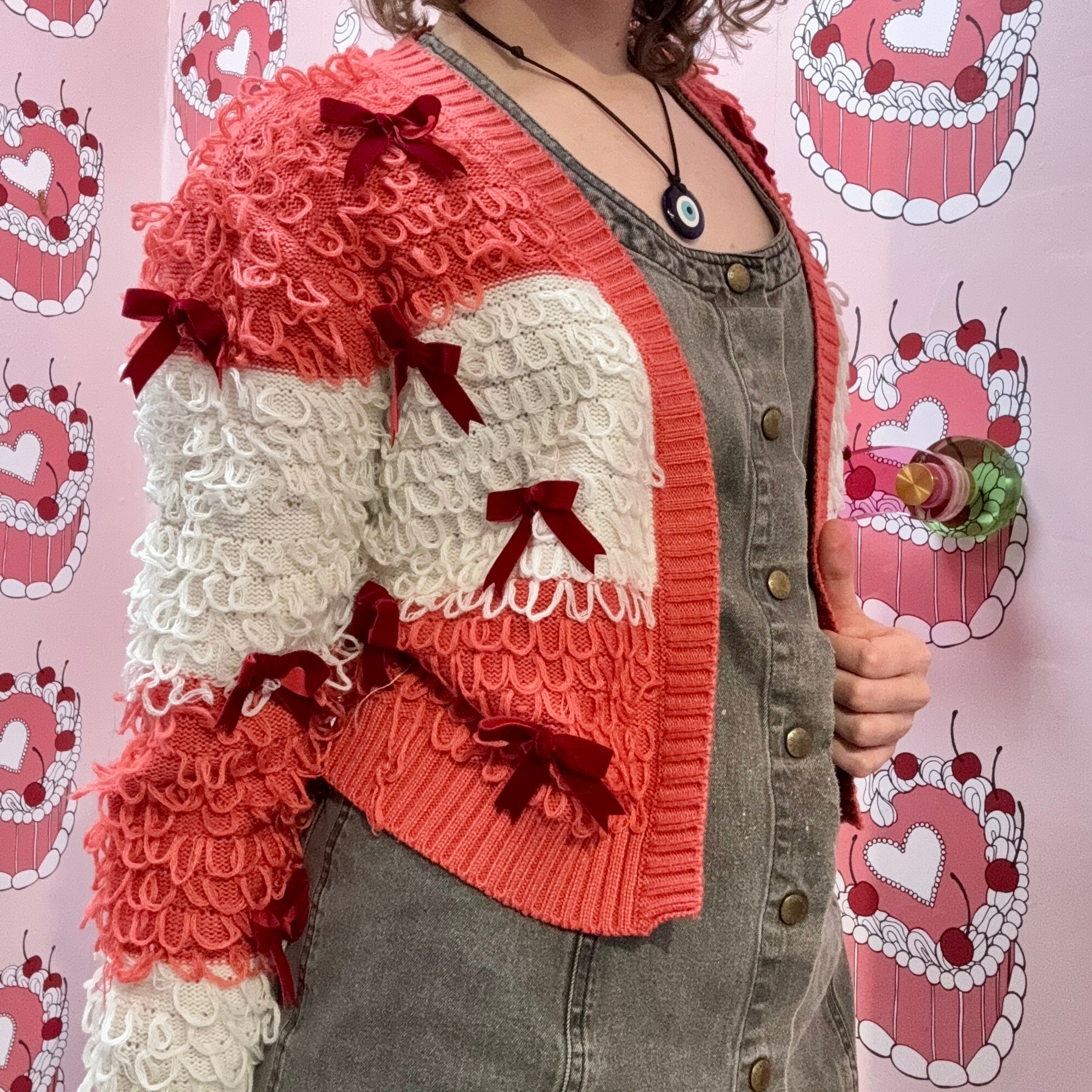 Pink and White Cardigan With Bows