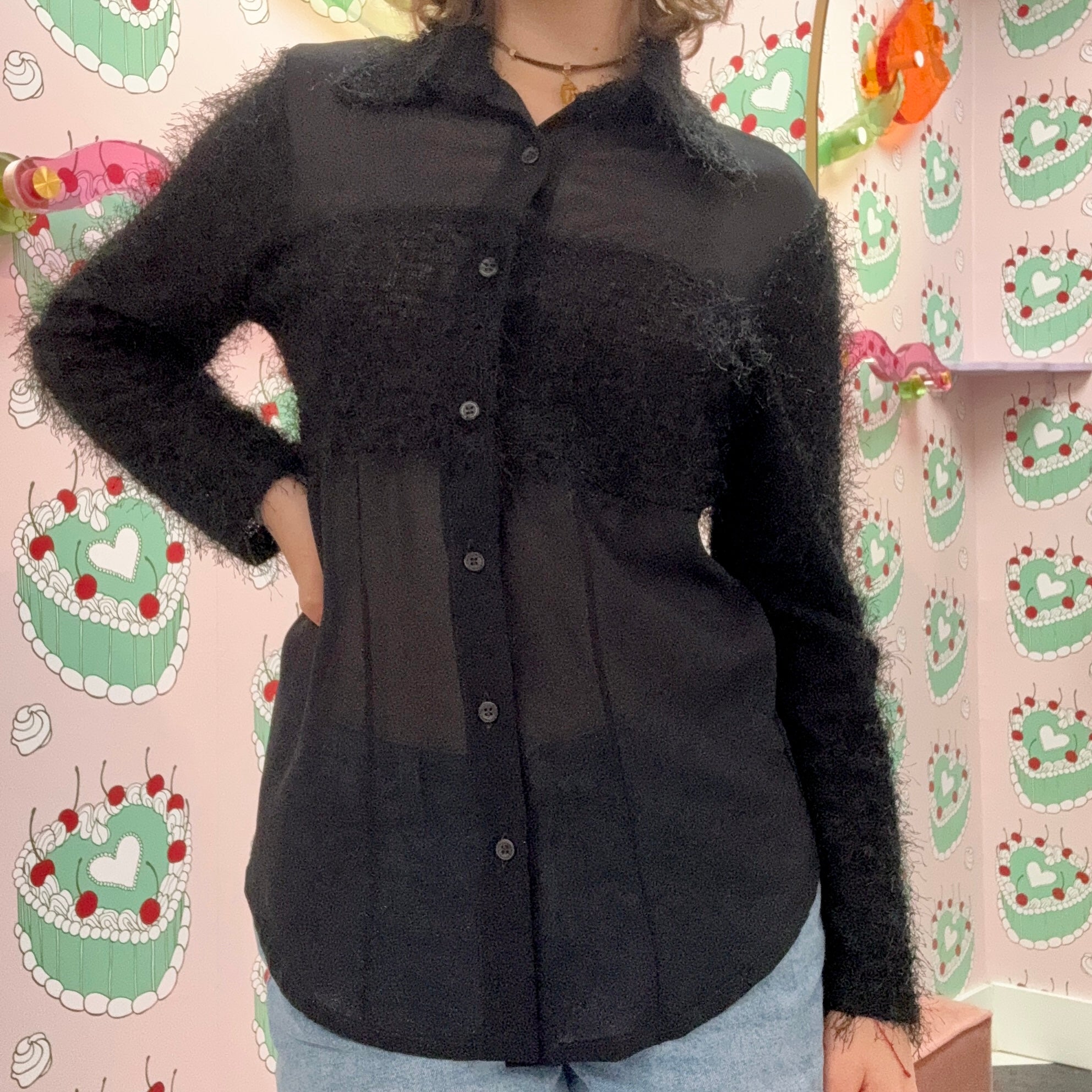 Black Textured Sheer Blouse