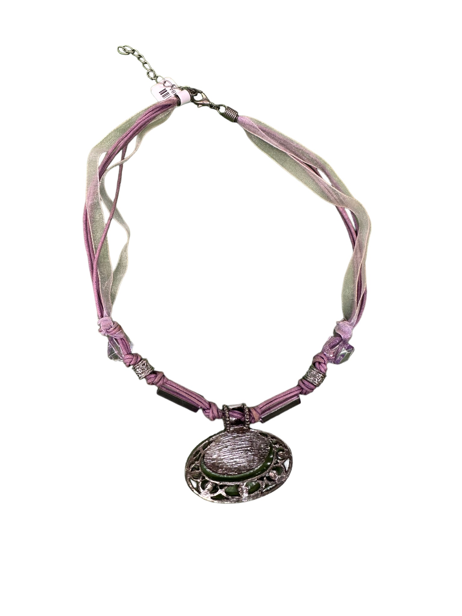 Purple Large Pendant Beaded with Ribbon Necklace