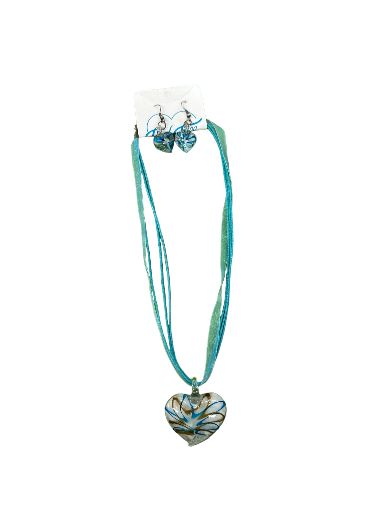 Blue Glass Heart Necklace & Earrings SET