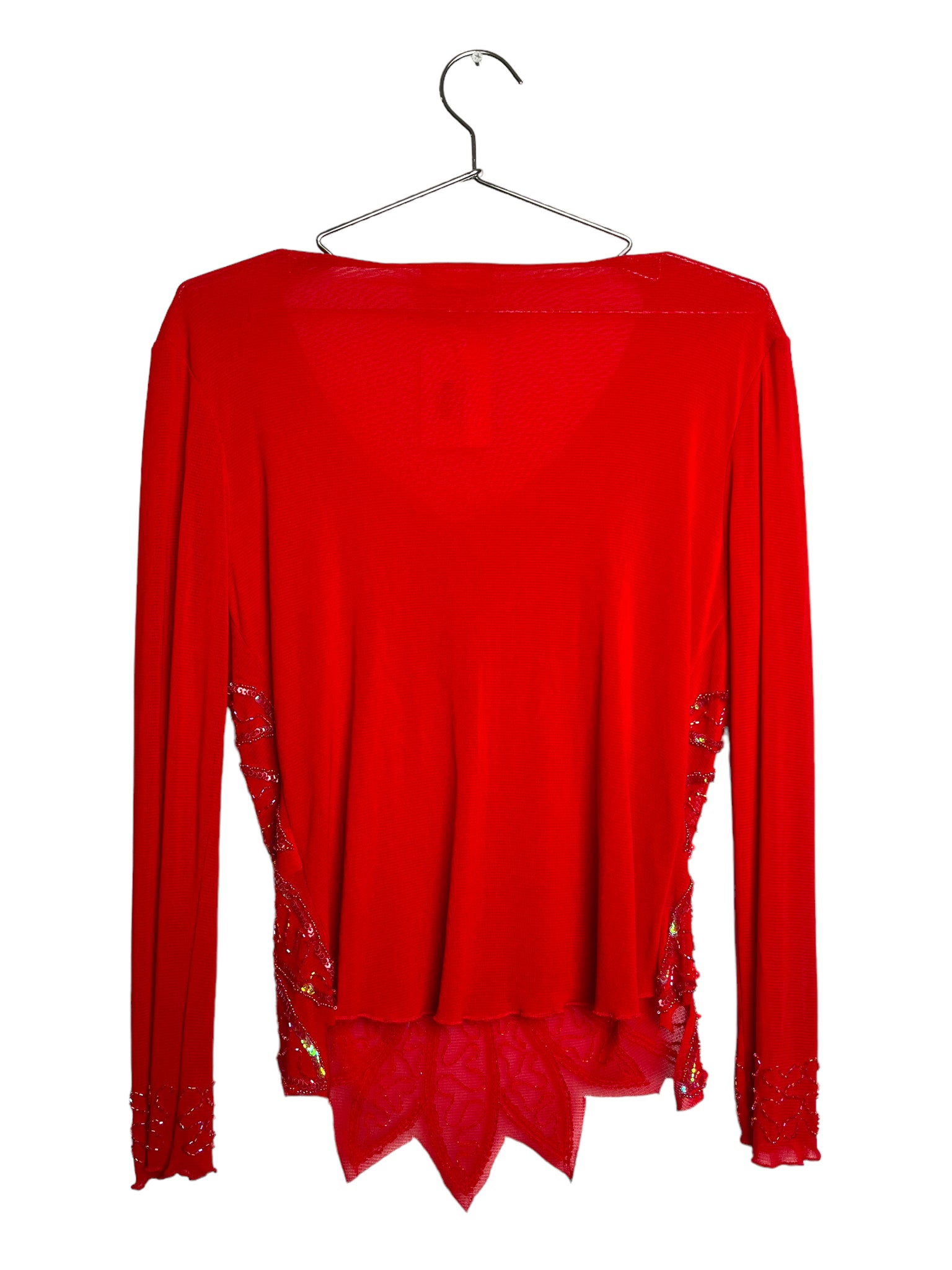 Red Sequined Mesh Long Sleeve
