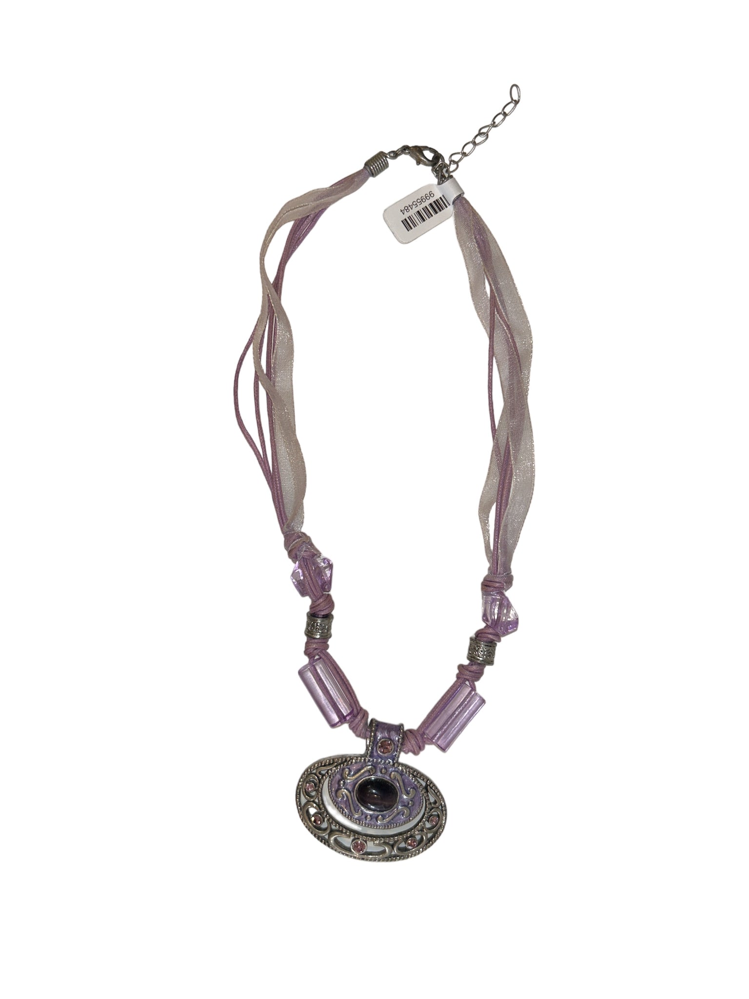 Purple Large Pendant Beaded with Ribbon Necklace