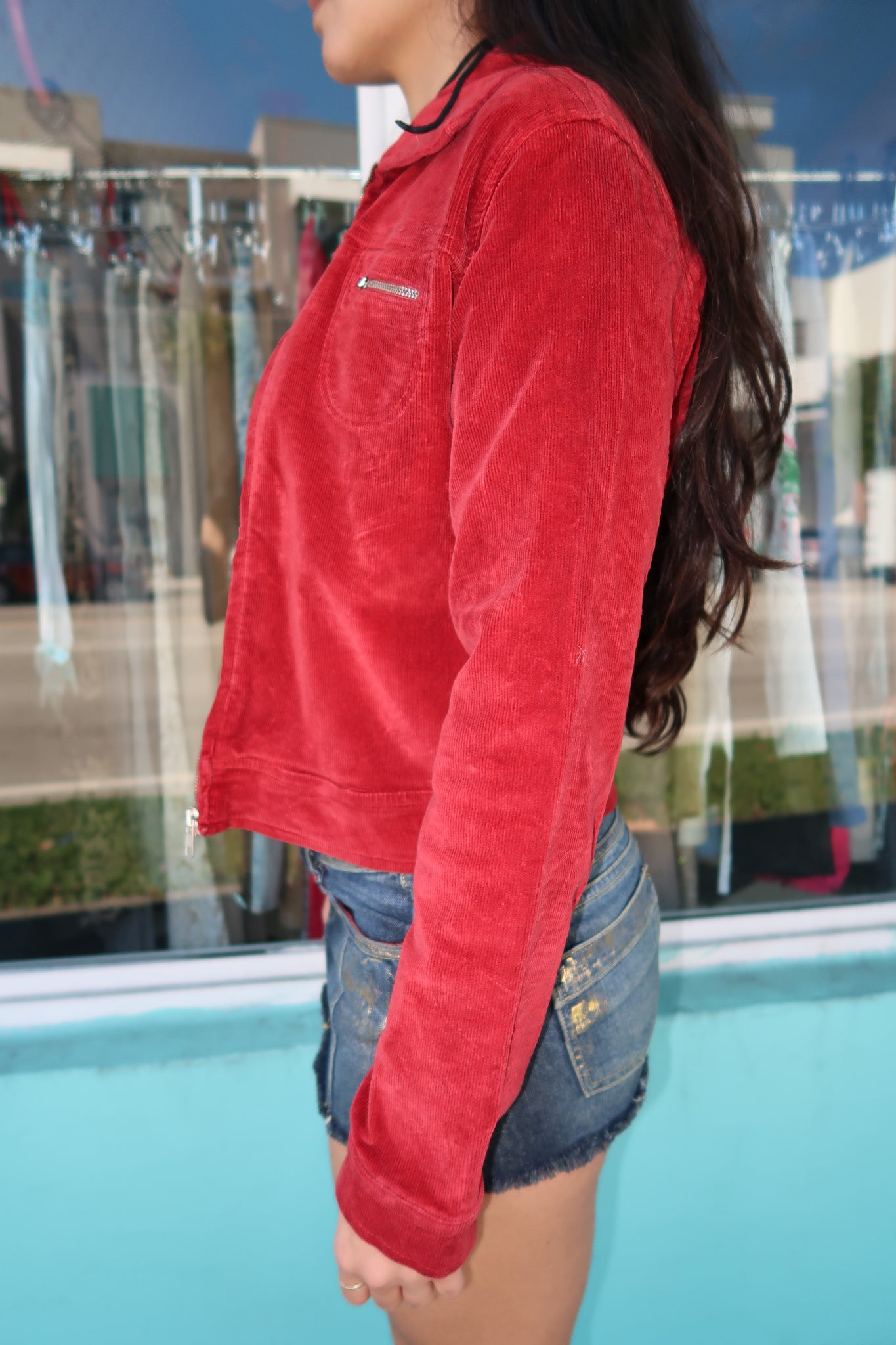 Red Corduroy Zip Up Jacket