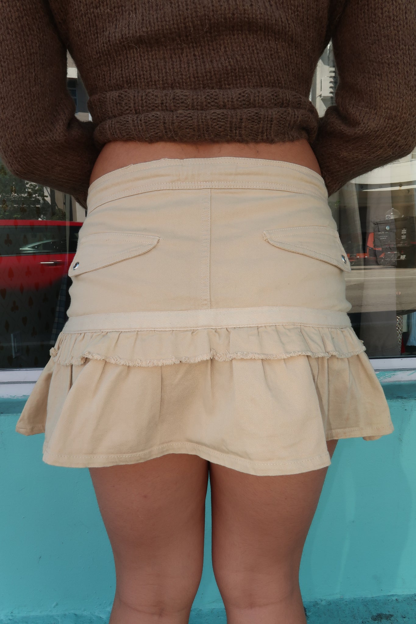 Low Waist Khaki Pleated Mini Skirt