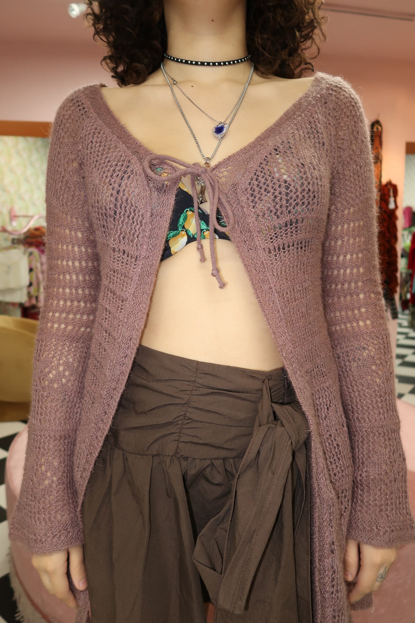 Purple Crochet Tie Front Cardigan