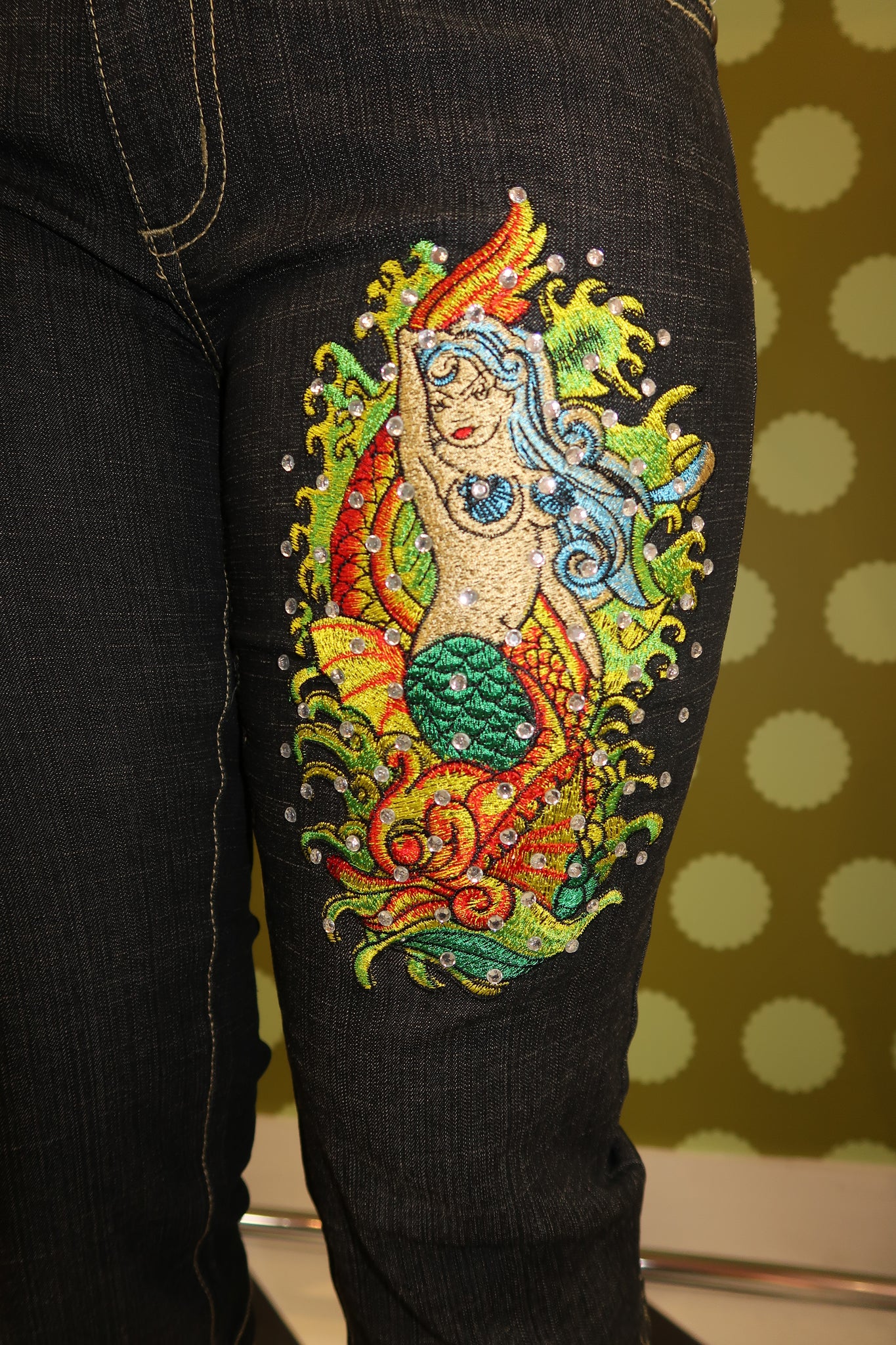 Embroidered Mermaid Dark Washed Denim Capris